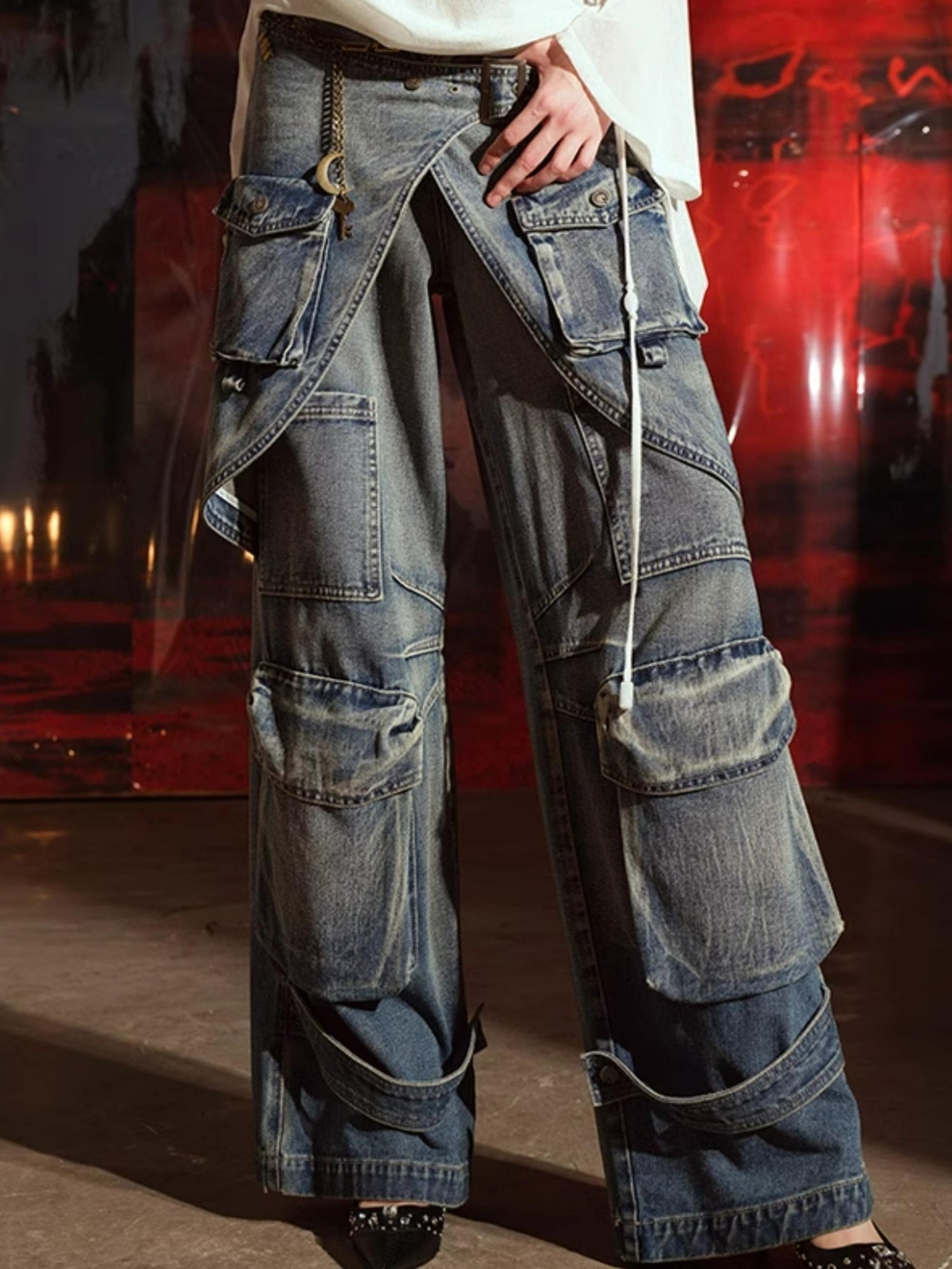 UpdateNN NORTH NODE Vintage Washed Cargo Denim Wide Leg Trousers