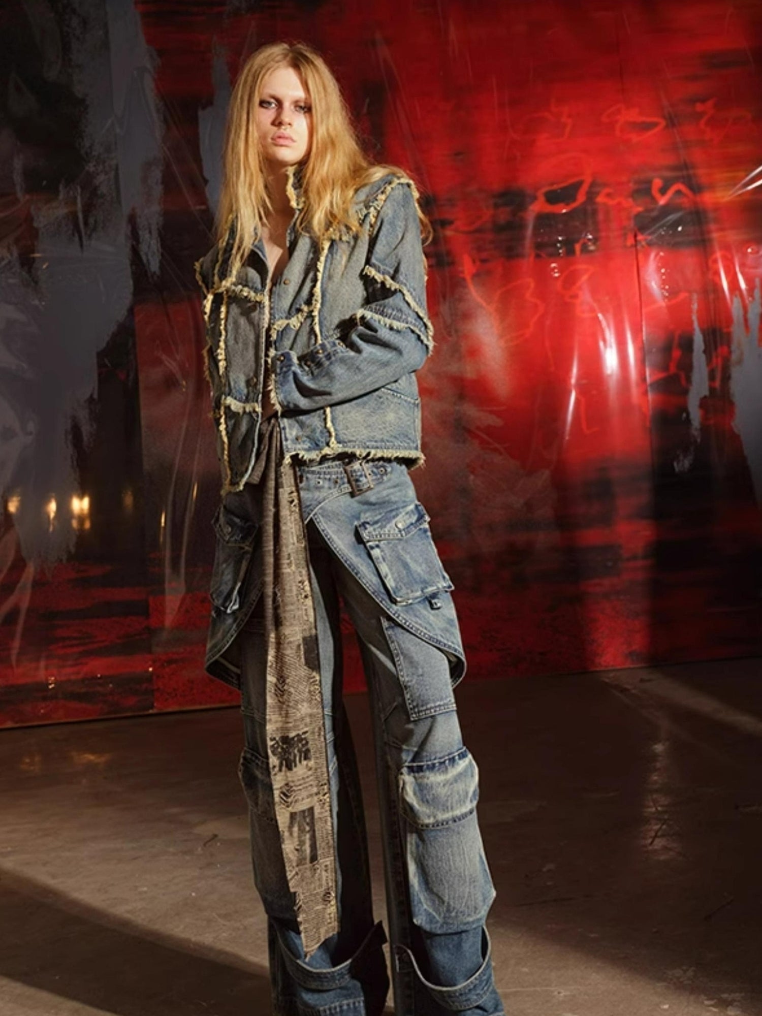 UpdateNN NORTH NODE Vintage Washed Cargo Denim Wide Leg Trousers