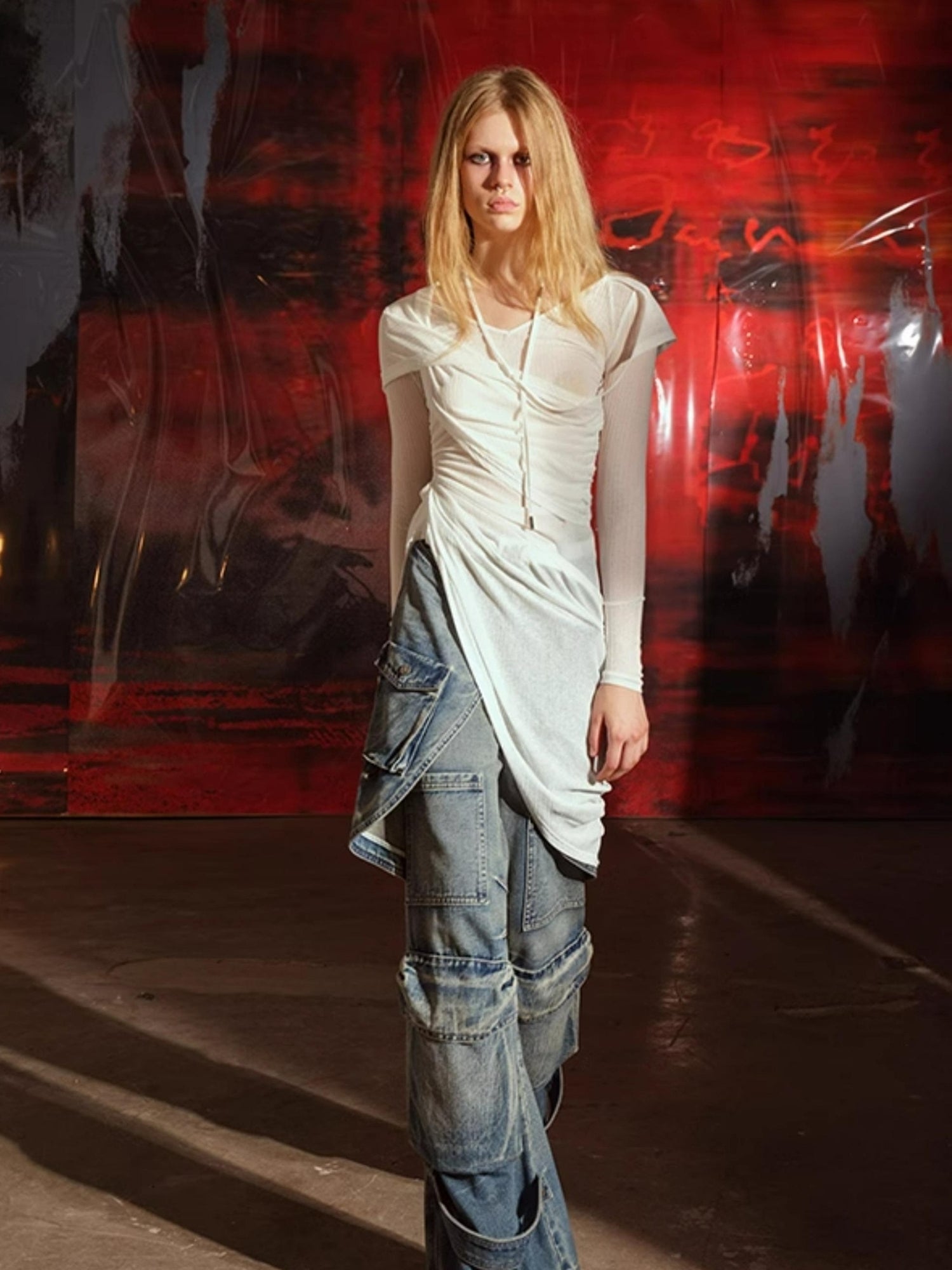 UpdateNN NORTH NODE Vintage Washed Cargo Denim Wide Leg Trousers