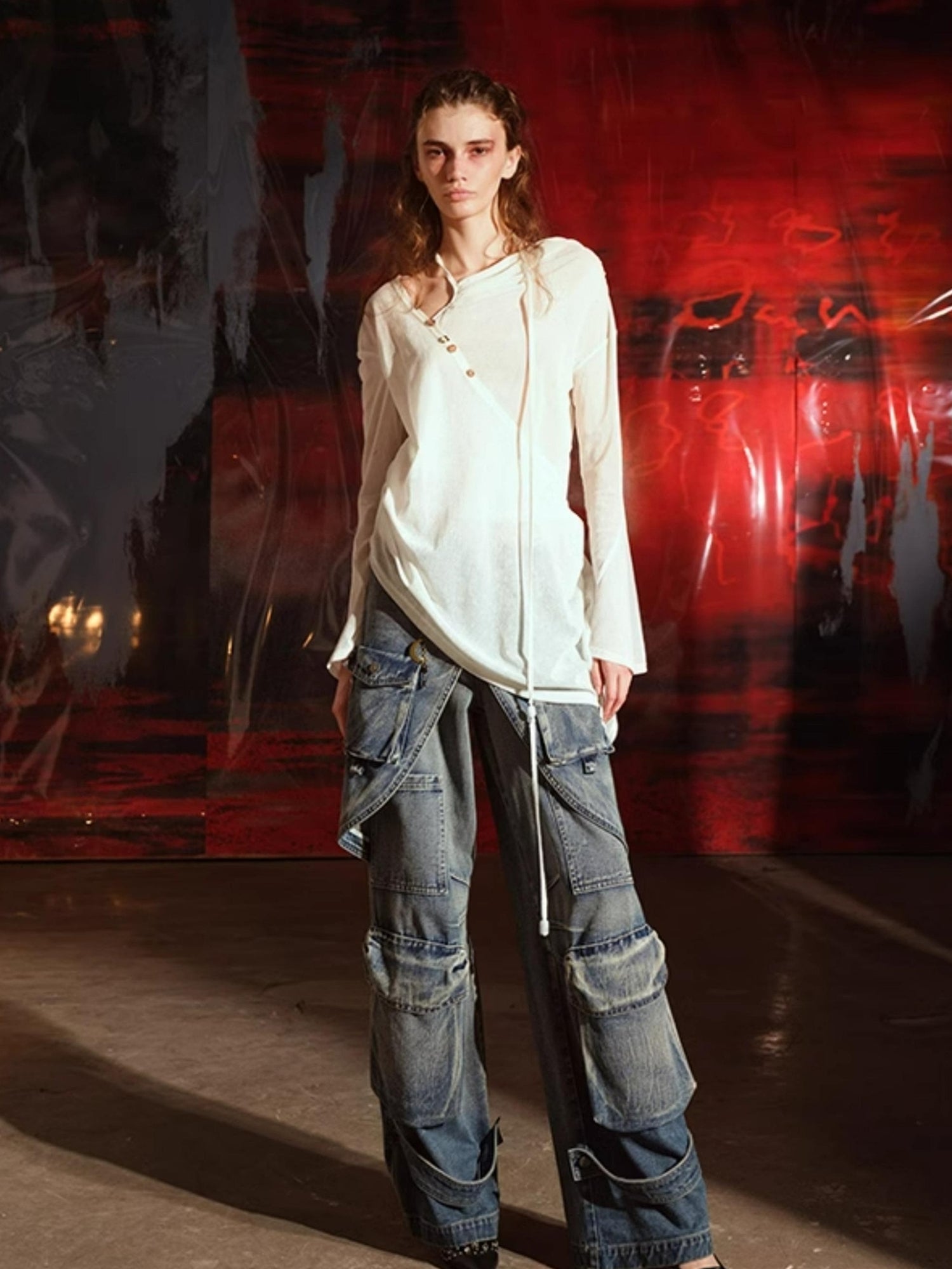 UpdateNN NORTH NODE Vintage Washed Cargo Denim Wide Leg Trousers