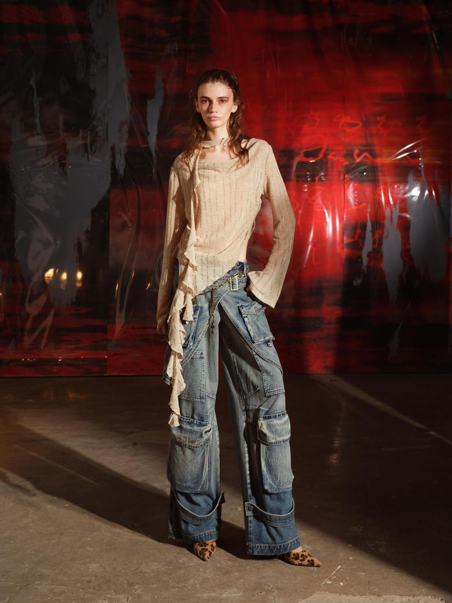 UpdateNN NORTH NODE Vintage Washed Cargo Denim Wide Leg Trousers