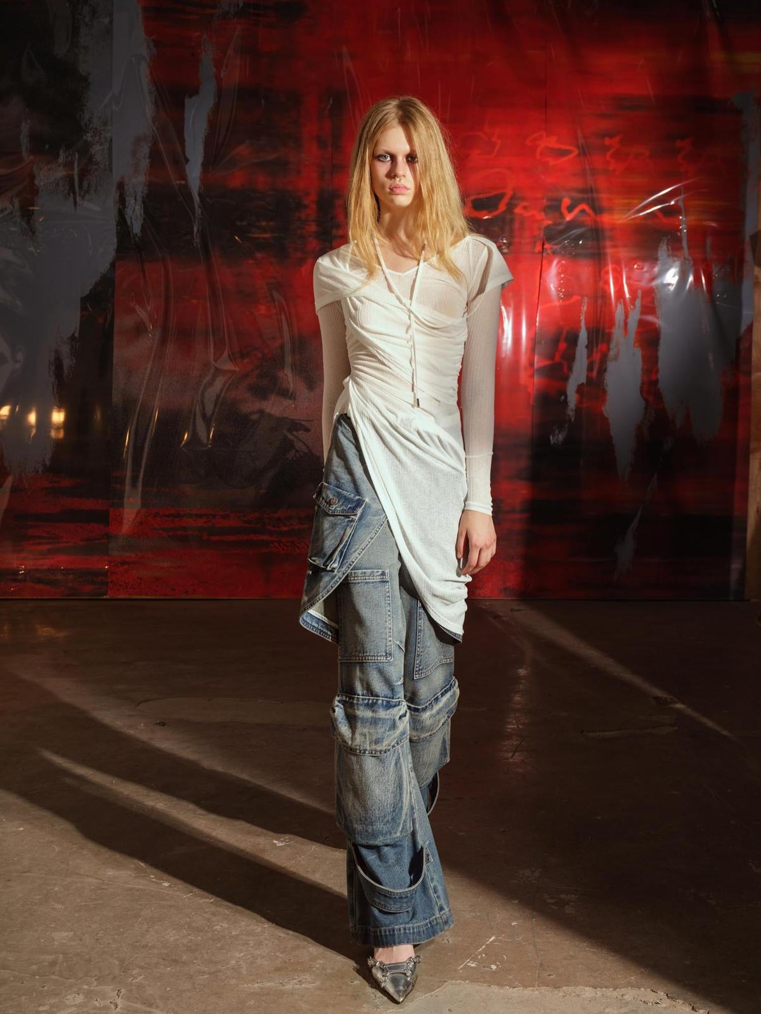 UpdateNN NORTH NODE Vintage Washed Cargo Denim Wide Leg Trousers