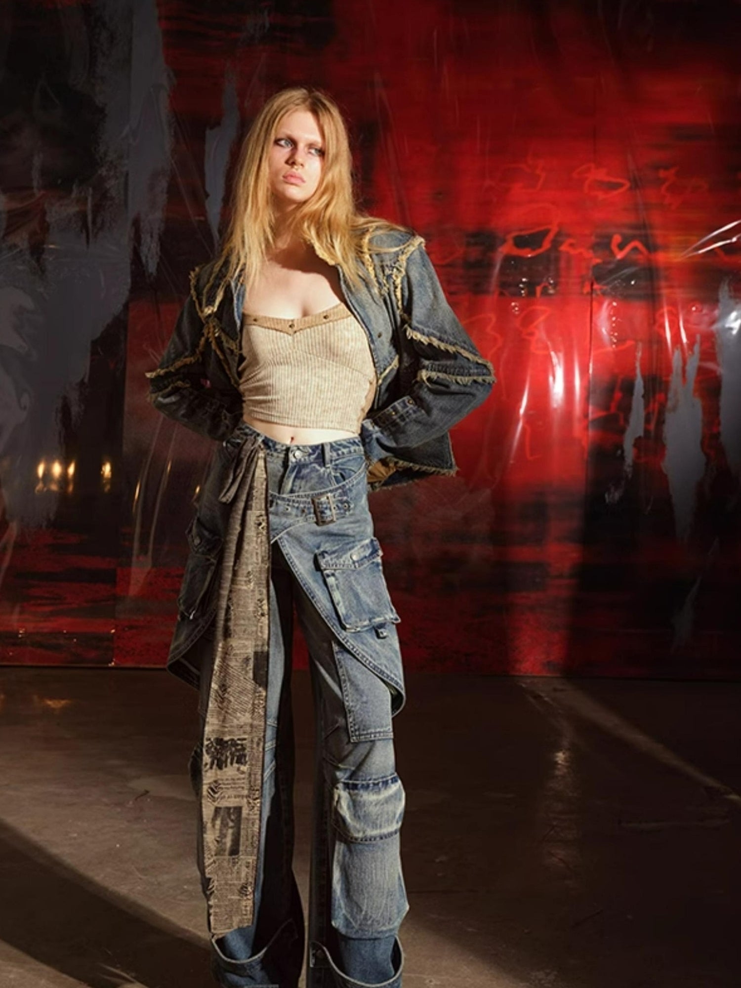 UpdateNN NORTH NODE Vintage Washed Cargo Denim Wide Leg Trousers