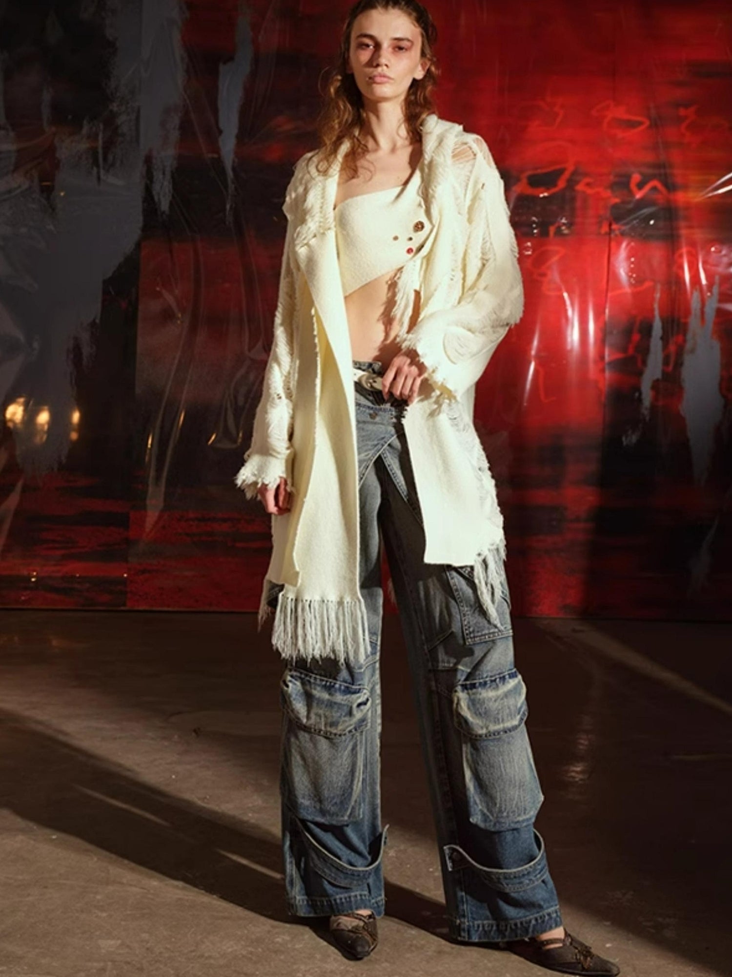 UpdateNN NORTH NODE Vintage Washed Cargo Denim Wide Leg Trousers