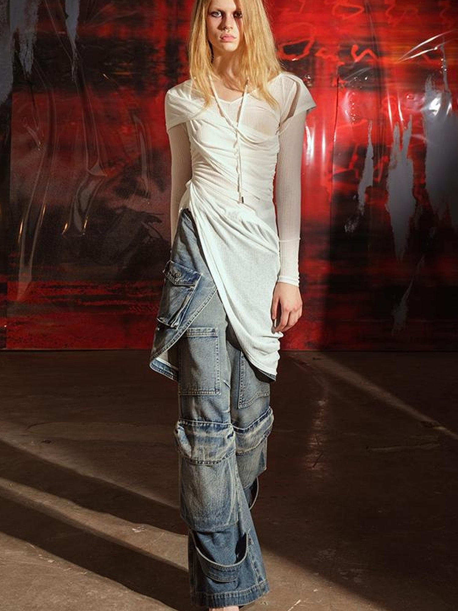 UpdateNN NORTH NODE Vintage Washed Cargo Denim Wide Leg Trousers