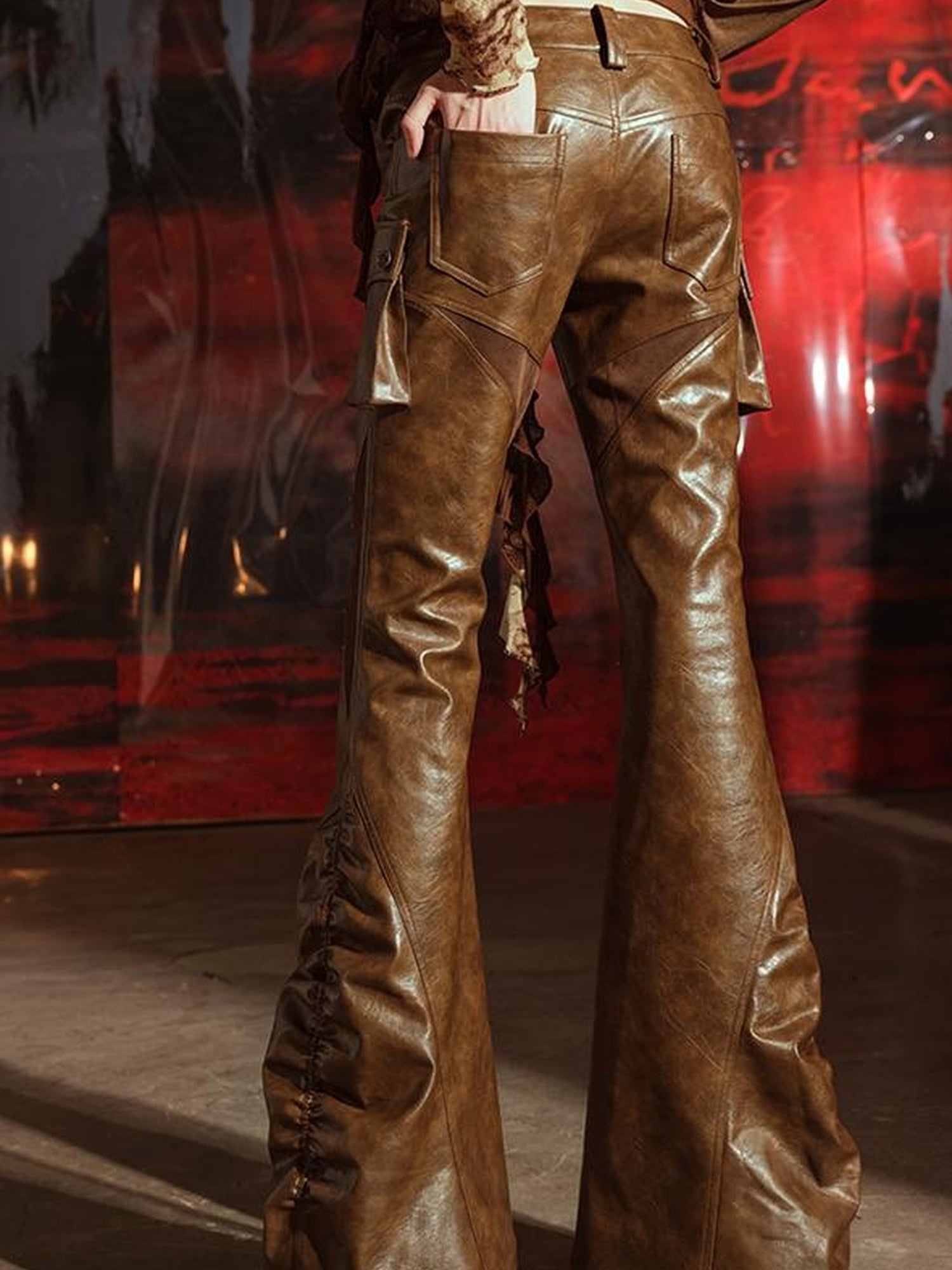 UpdateNN NORTH NODE Vintage Waxed Leather Flared Trousers