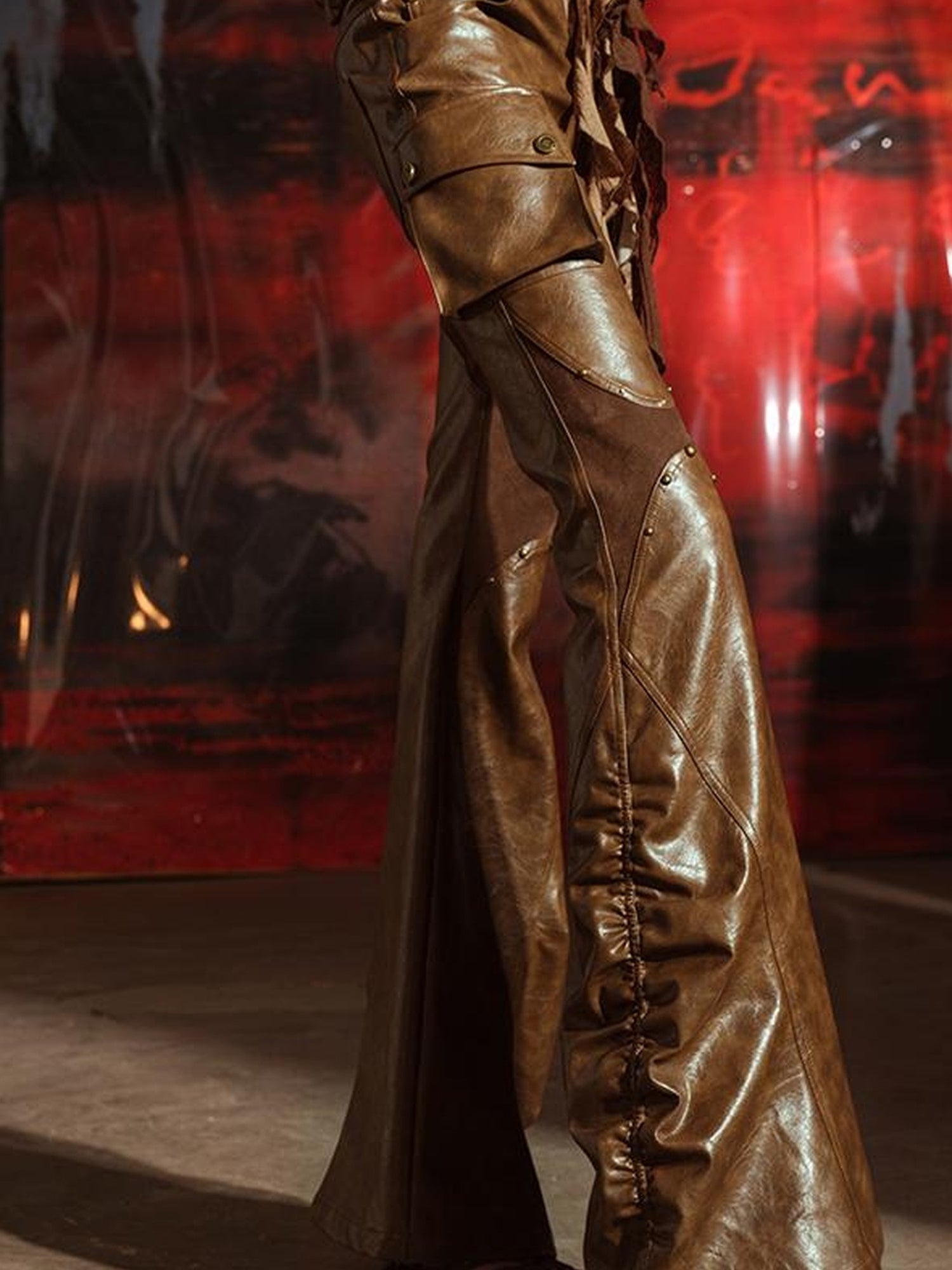 UpdateNN NORTH NODE Vintage Waxed Leather Flared Trousers