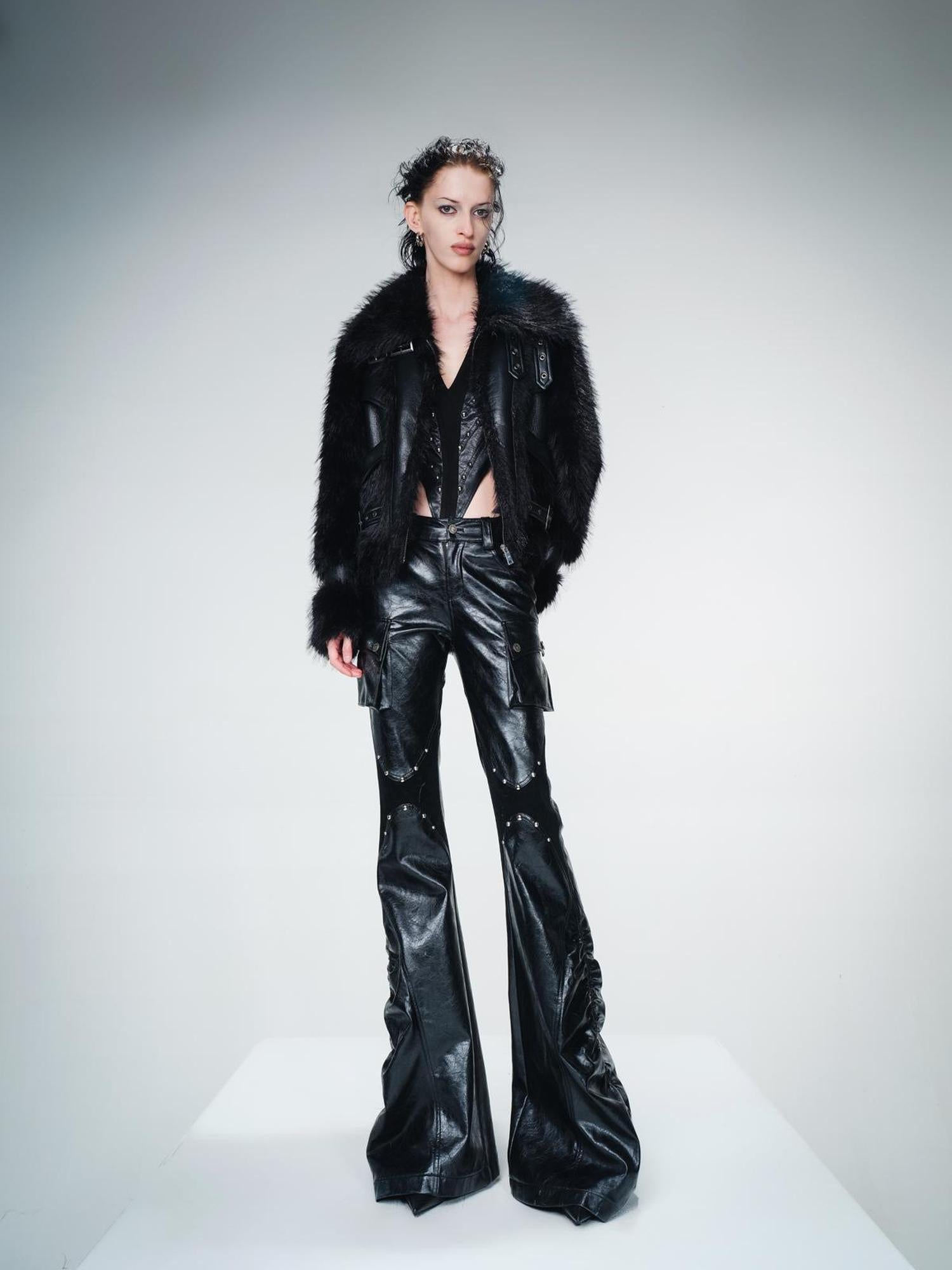 UpdateNN NORTH NODE Vintage Waxed Leather Flared Trousers