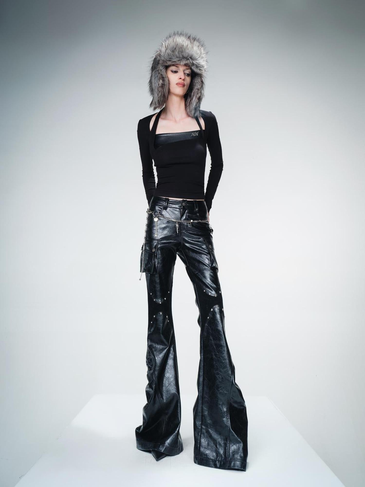 UpdateNN NORTH NODE Vintage Waxed Leather Flared Trousers