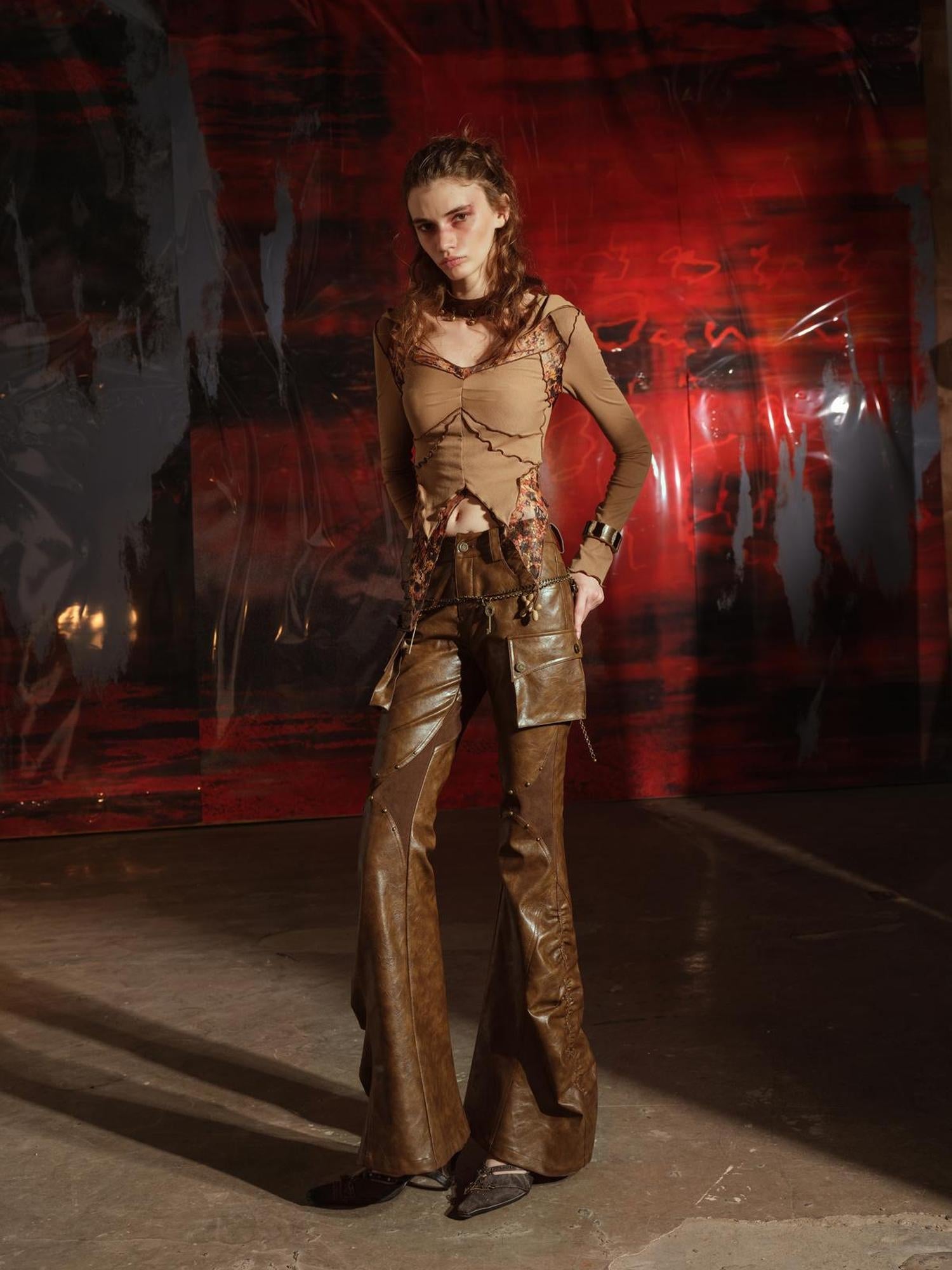 UpdateNN NORTH NODE Vintage Waxed Leather Flared Trousers