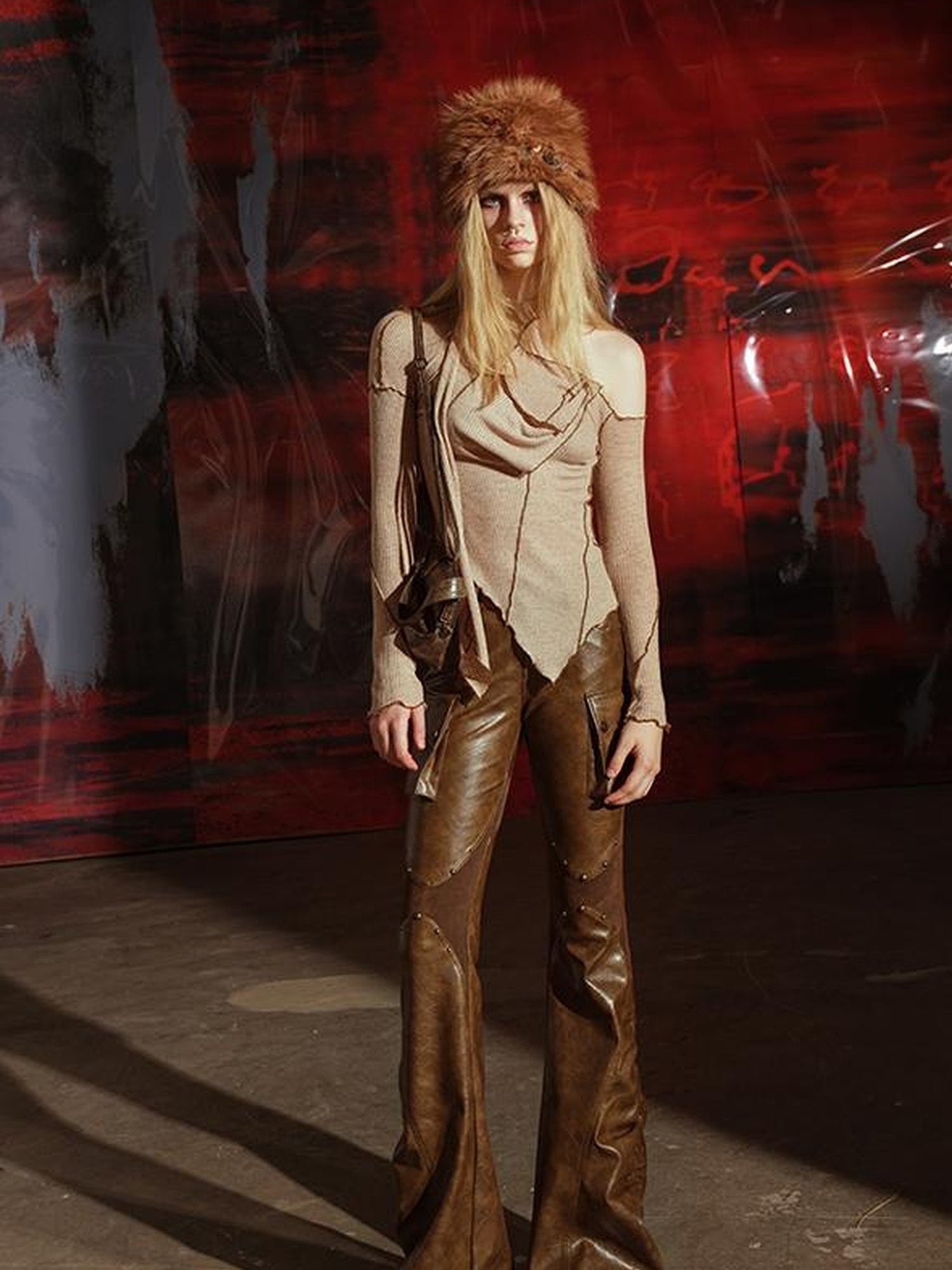 UpdateNN NORTH NODE Vintage Waxed Leather Flared Trousers