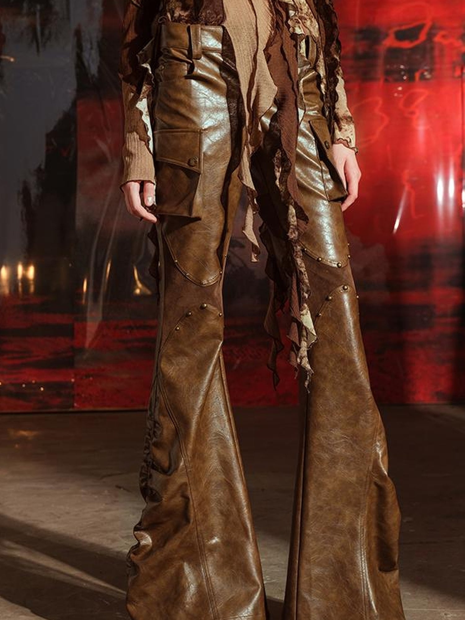 UpdateNN NORTH NODE Vintage Waxed Leather Flared Trousers