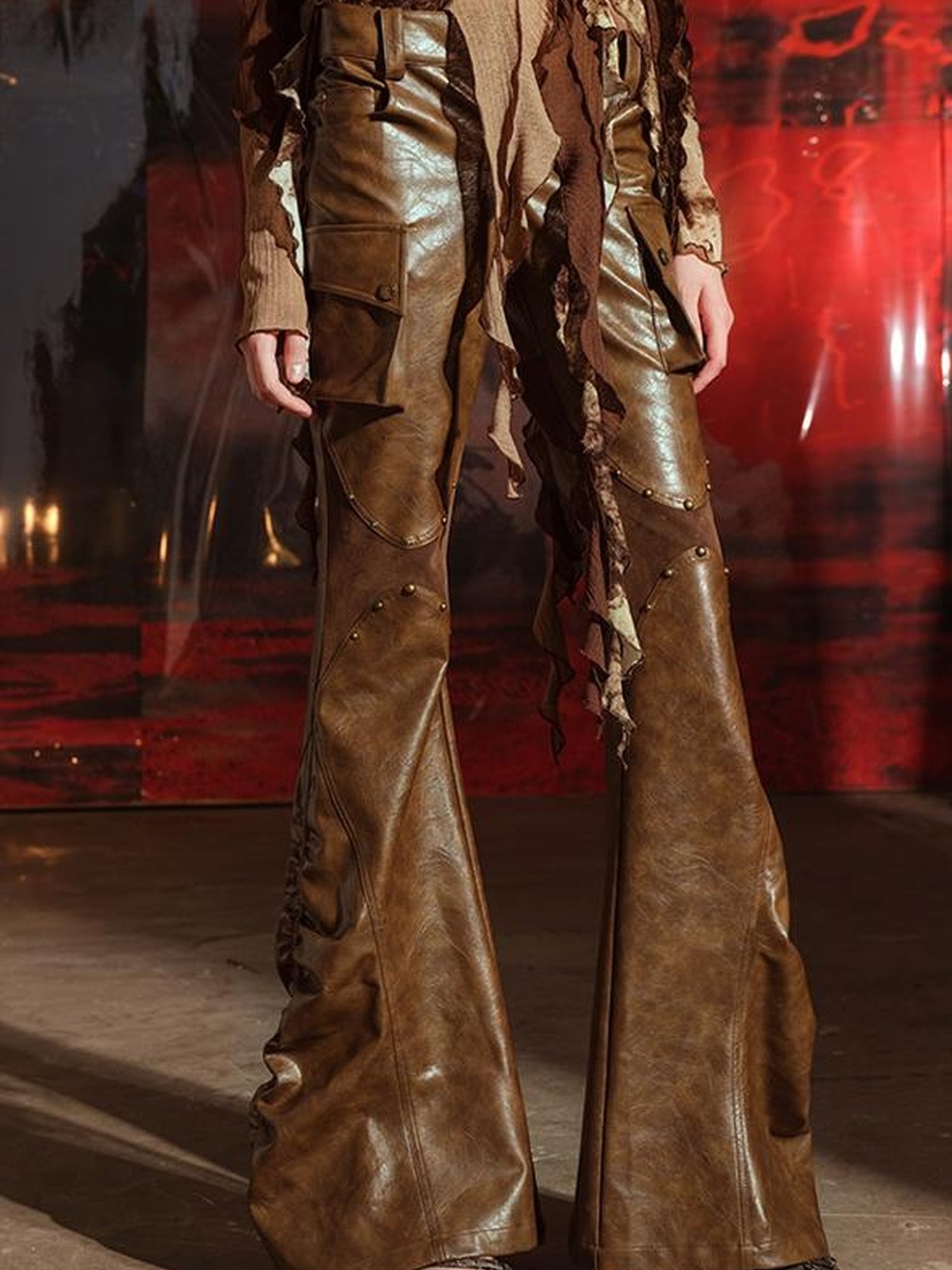 UpdateNN NORTH NODE Vintage Waxed Leather Flared Trousers