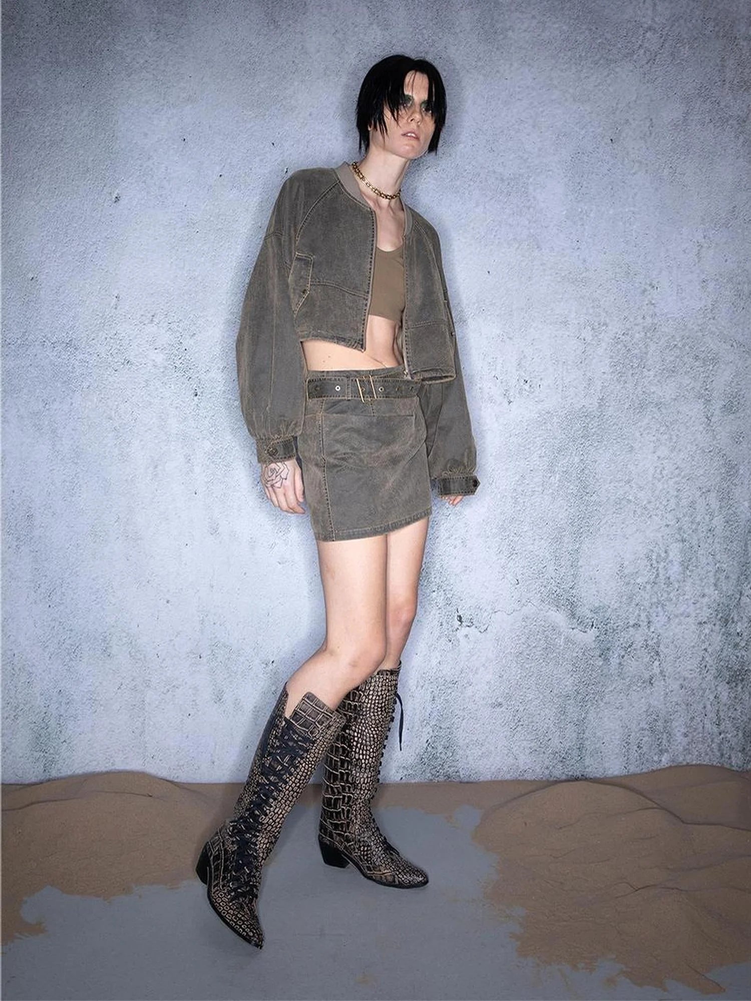 Washed Aviator Jacket Set With Wild Grass Texture