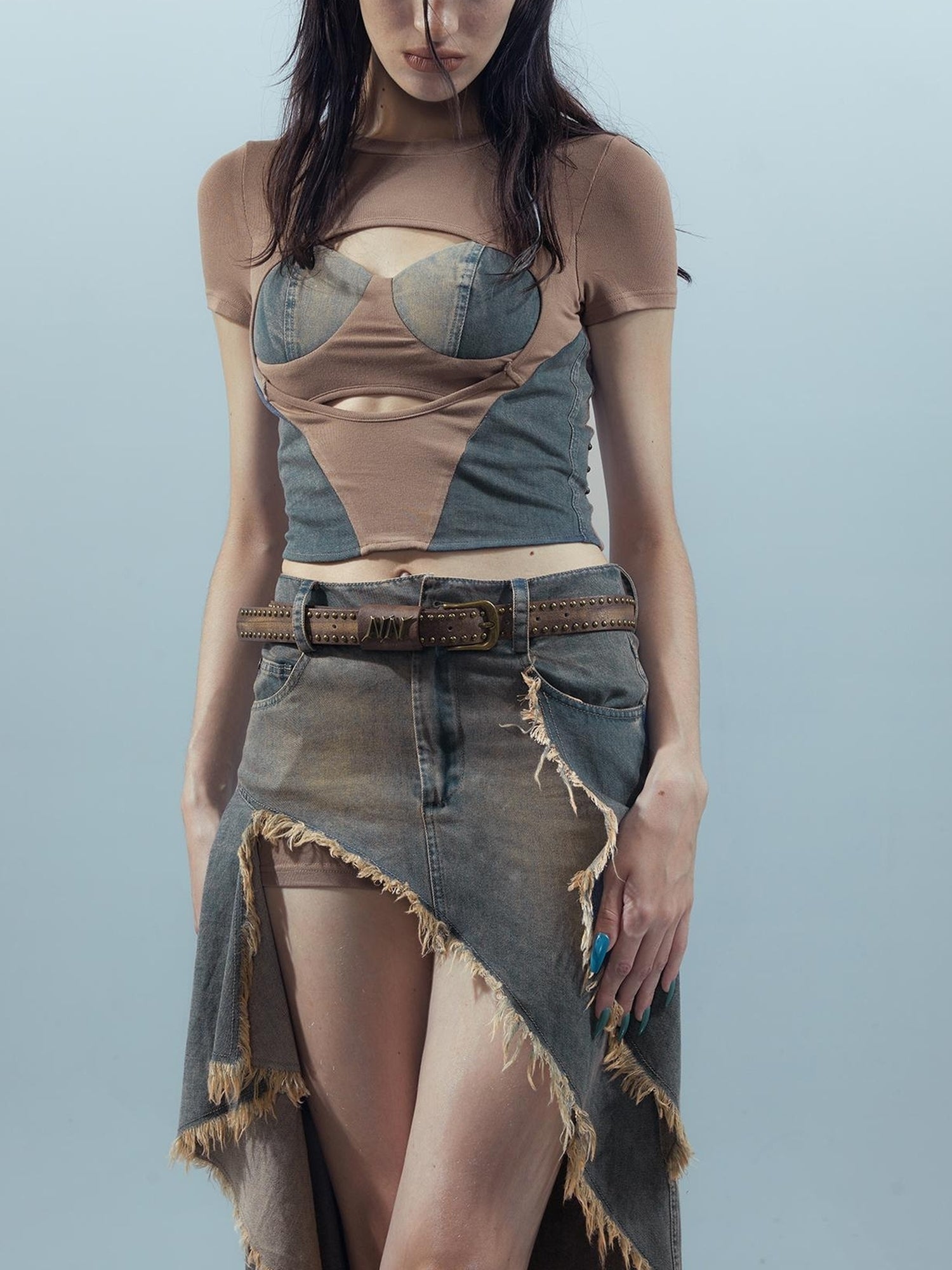 UpdateNN NORTH NODE Washed Denim Cut Out Cropped Tee