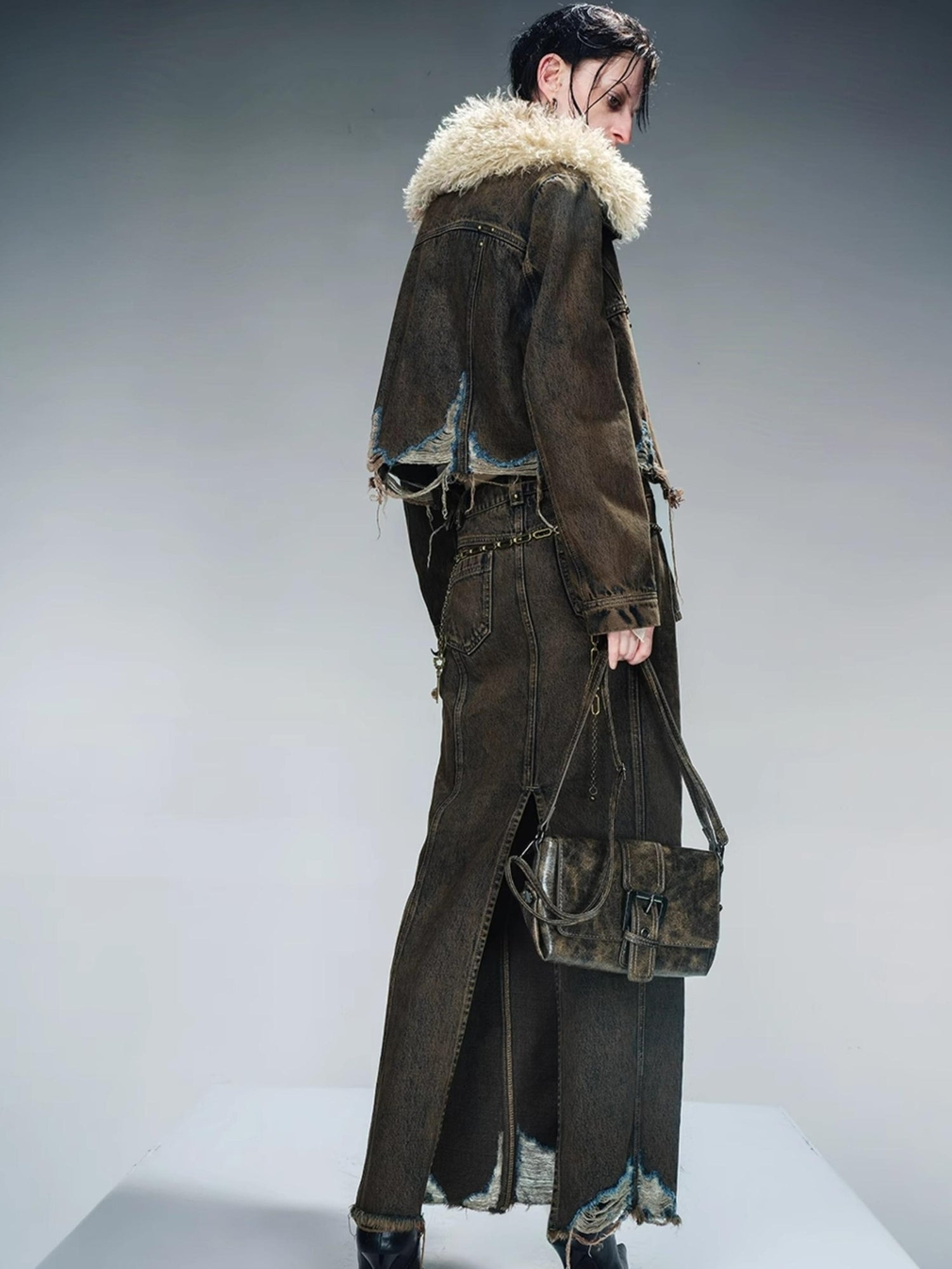 UpdateNN NORTH NODE Washed Denim Distressed Midi Skirt