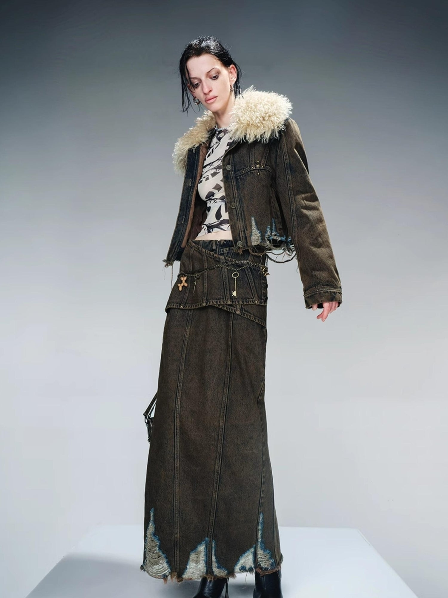 UpdateNN NORTH NODE Washed Denim Distressed Midi Skirt