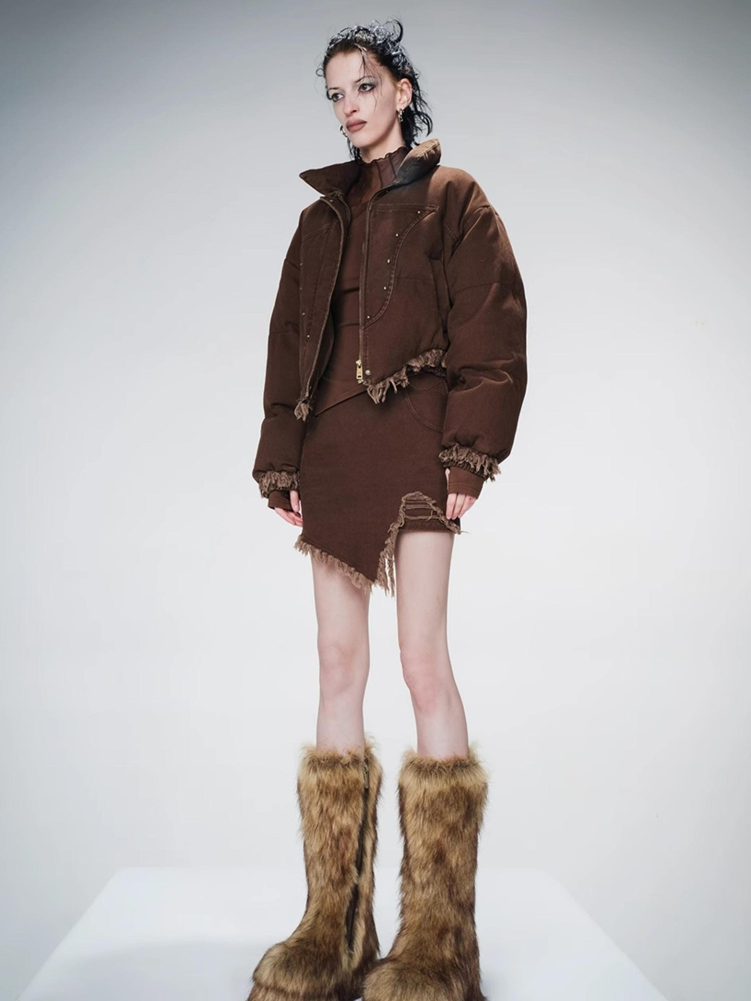 UpdateNN NORTH NODE Washed Denim Quilted Down Jacket With Fur Trim And Studs