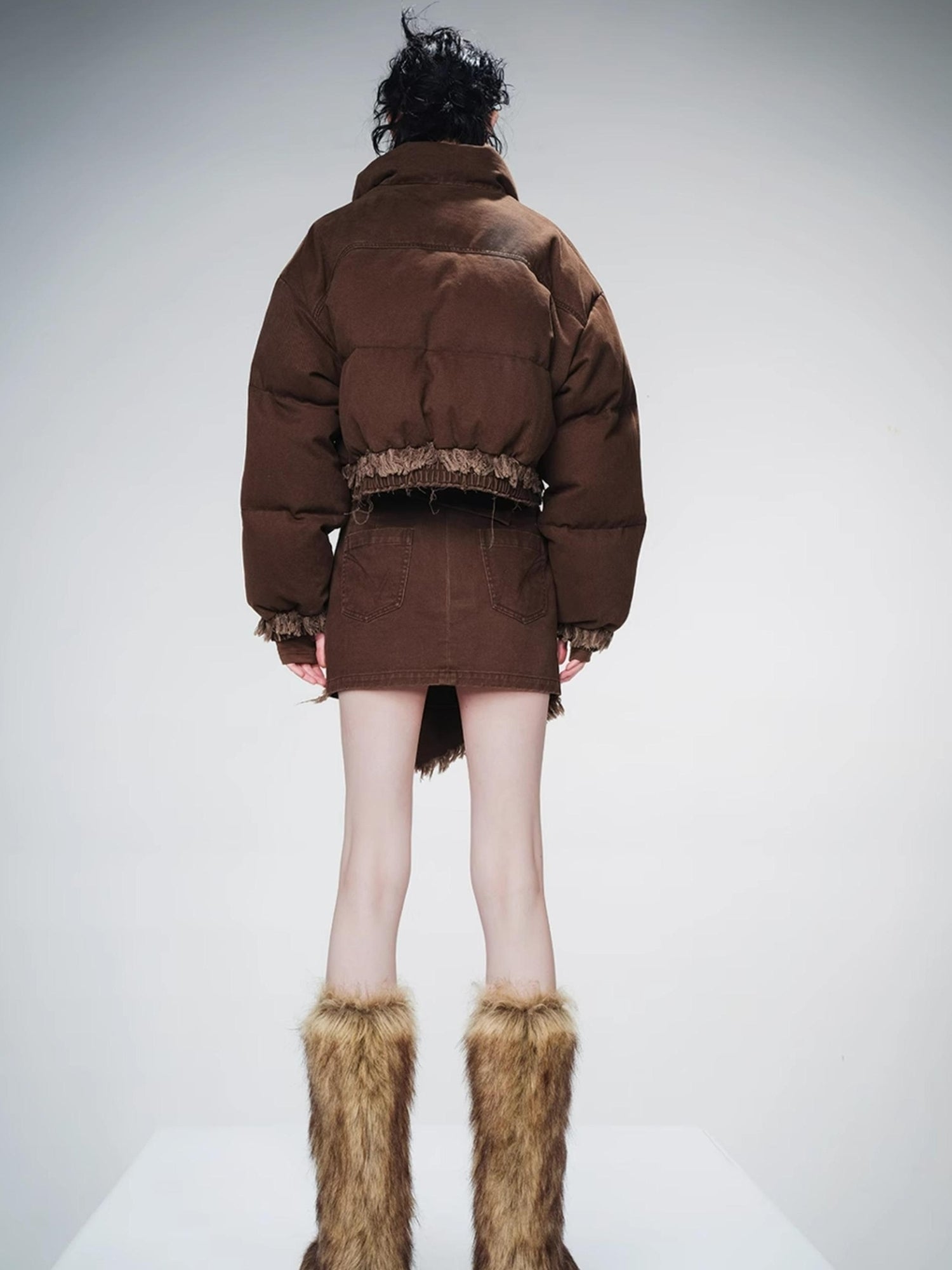 UpdateNN NORTH NODE Washed Denim Quilted Down Jacket With Fur Trim And Studs