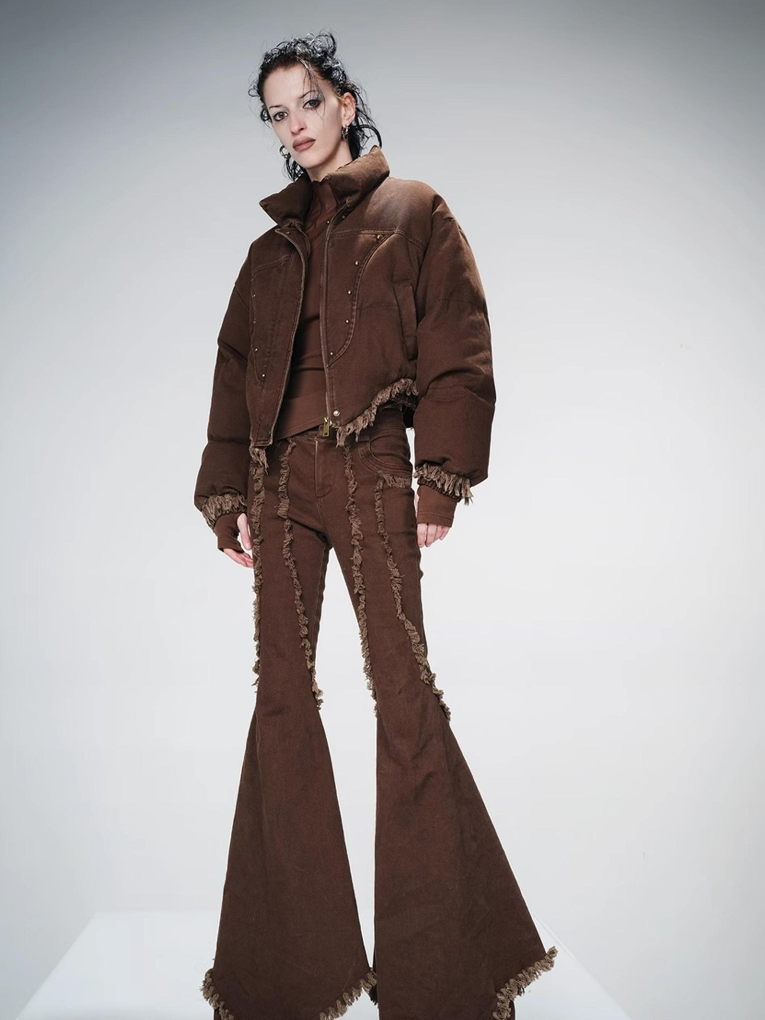 UpdateNN NORTH NODE Washed Denim Quilted Down Jacket With Fur Trim And Studs