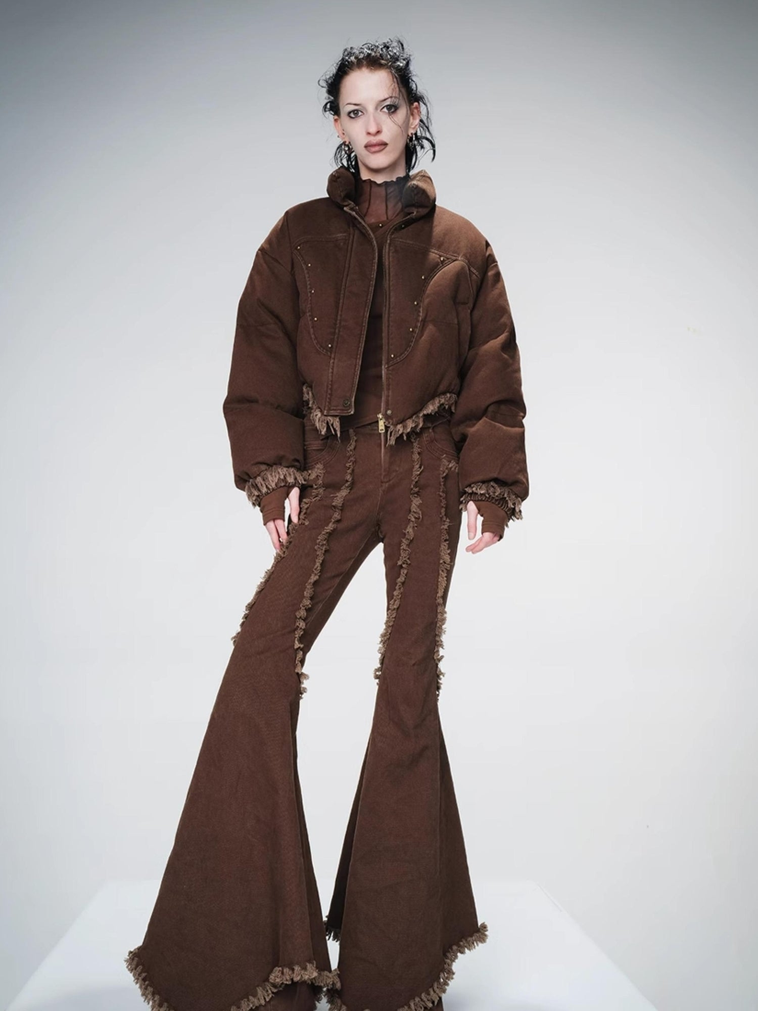 UpdateNN NORTH NODE Washed Denim Quilted Down Jacket With Fur Trim And Studs