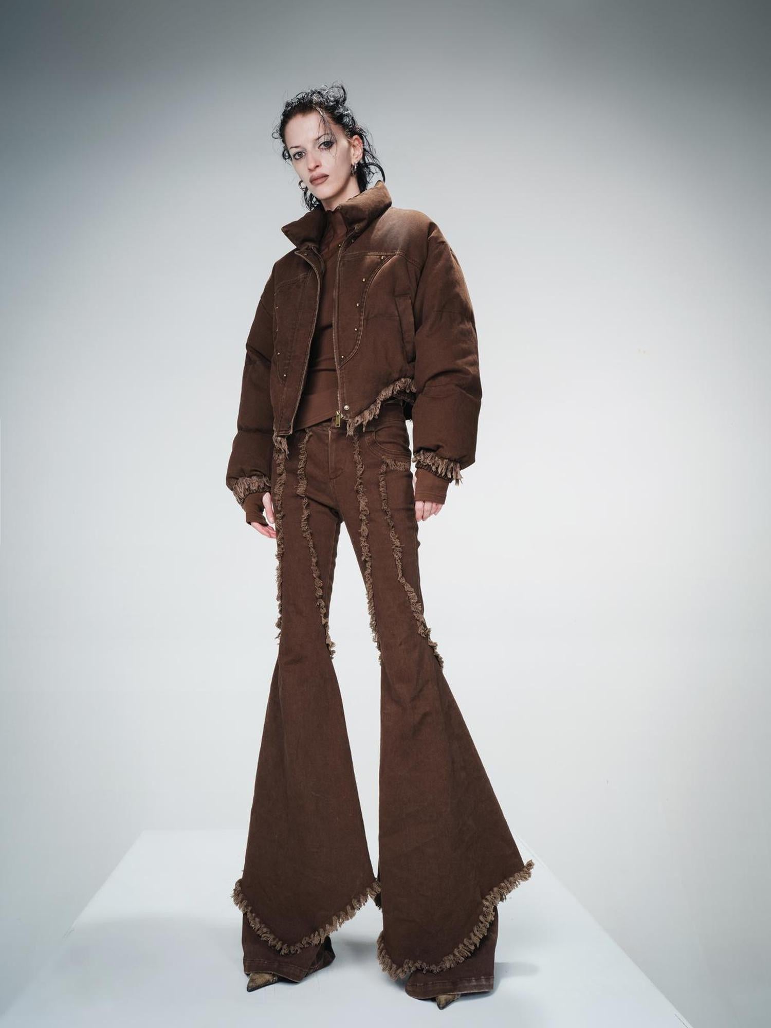 UpdateNN NORTH NODE Washed Denim Quilted Down Jacket With Fur Trim And Studs