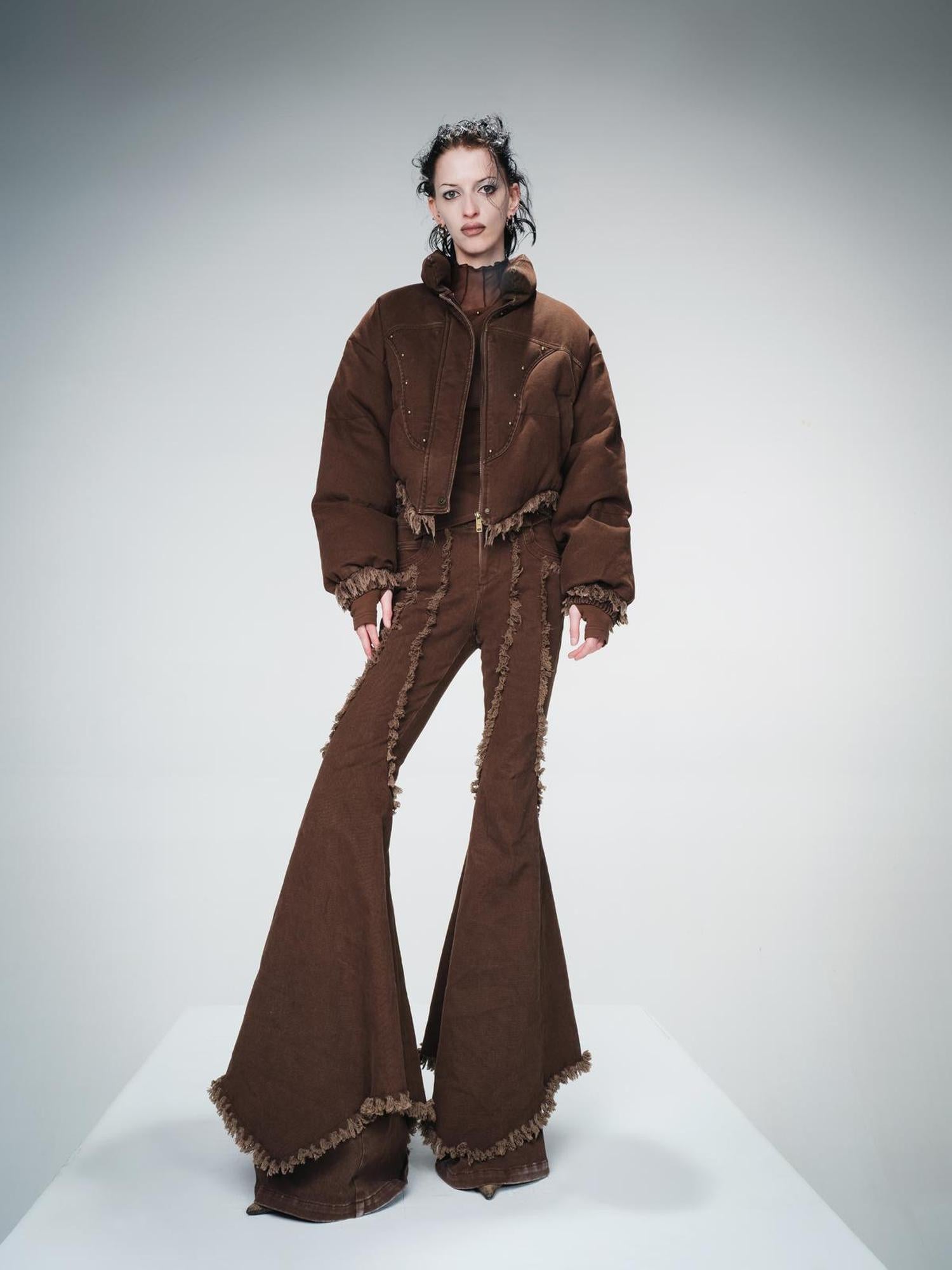 UpdateNN NORTH NODE Washed Denim Quilted Down Jacket With Fur Trim And Studs