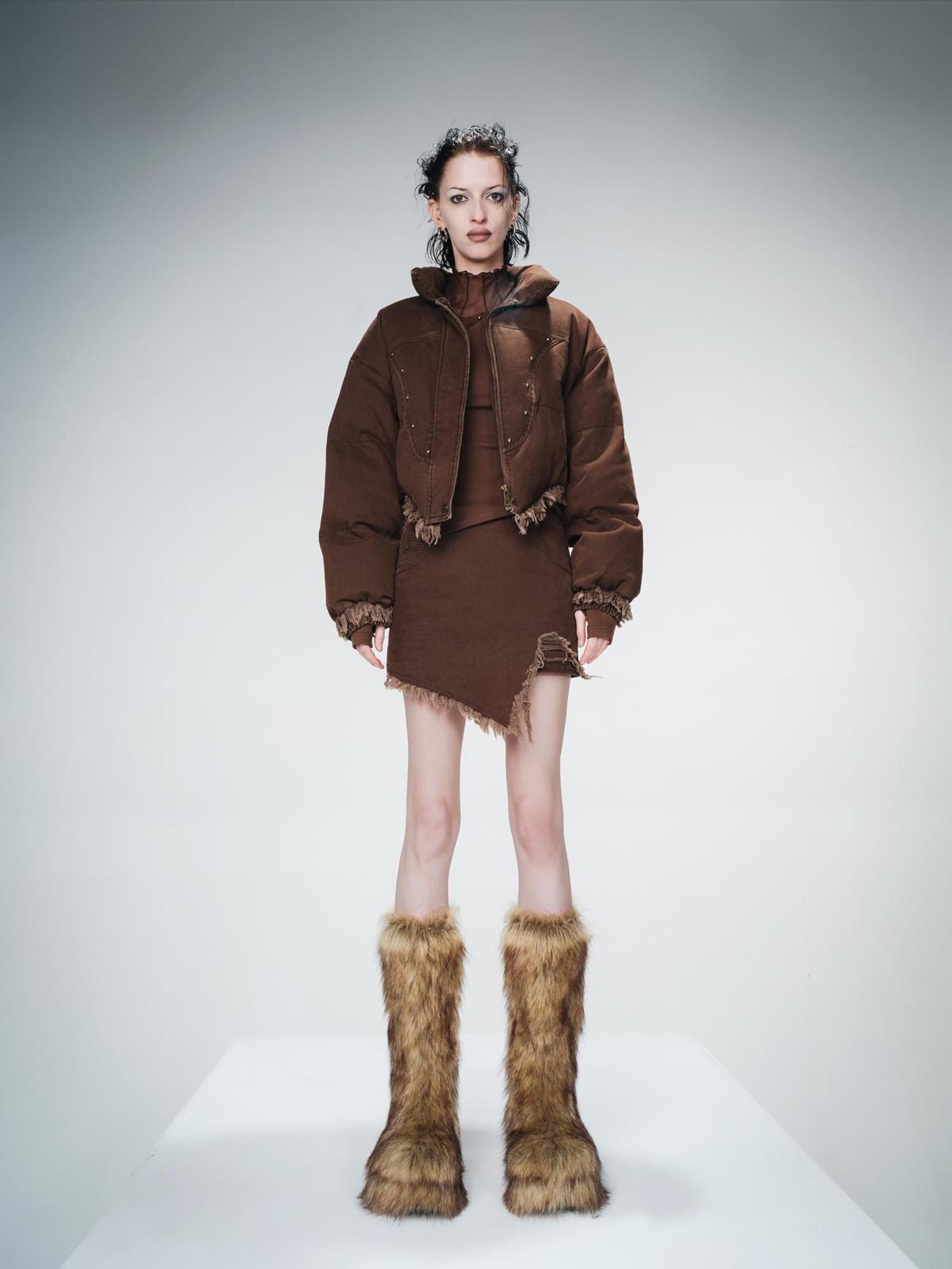 UpdateNN NORTH NODE Washed Denim Quilted Down Jacket With Fur Trim And Studs