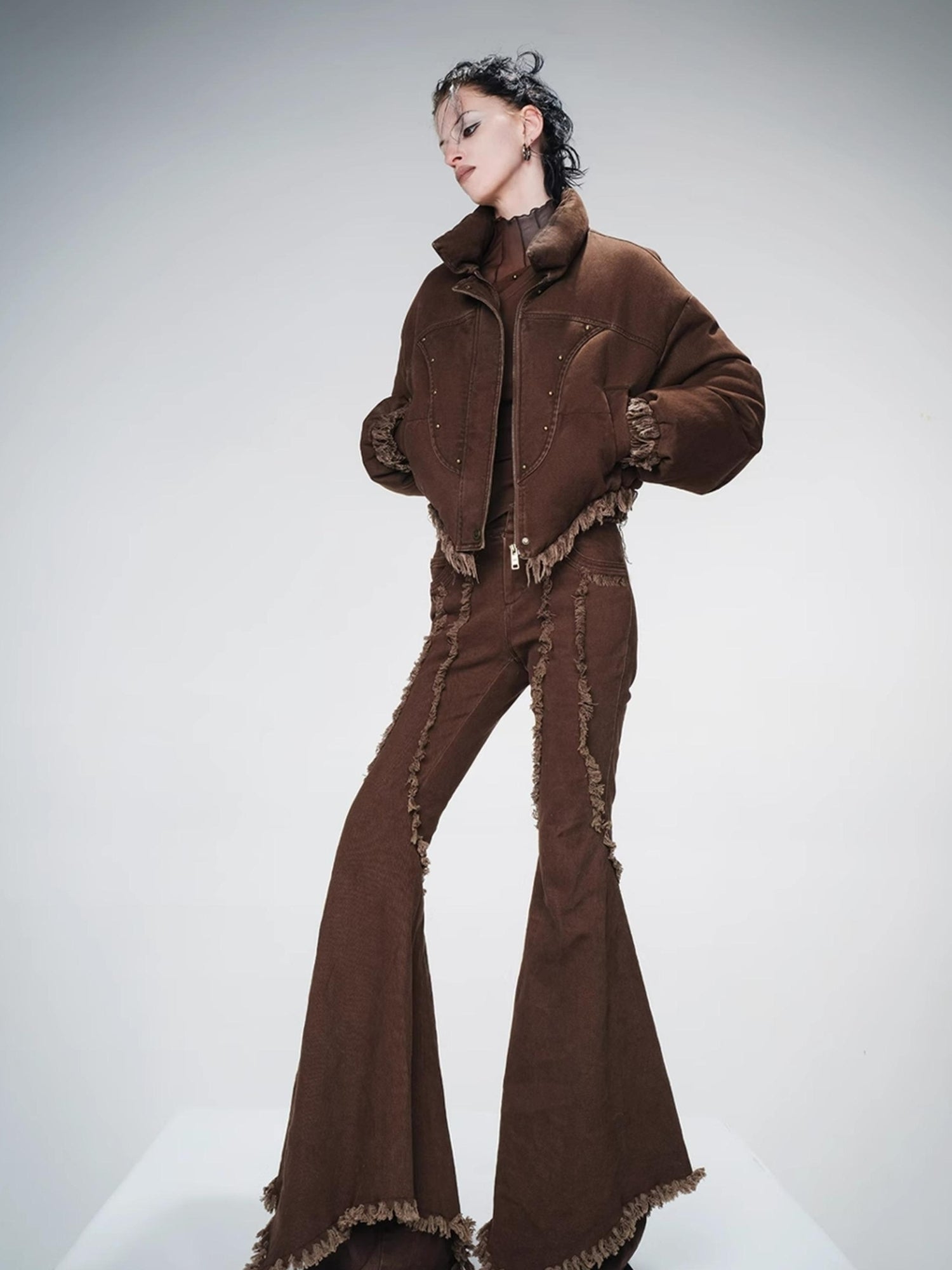 UpdateNN NORTH NODE Washed Denim Quilted Down Jacket With Fur Trim And Studs