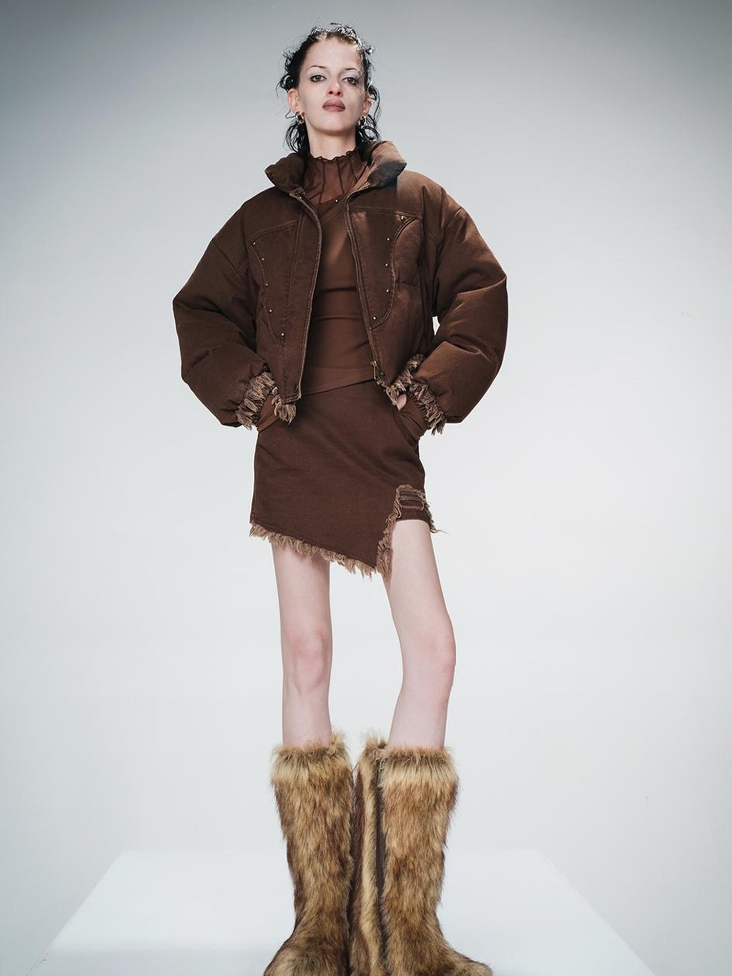 UpdateNN NORTH NODE Washed Denim Quilted Down Jacket With Fur Trim And Studs