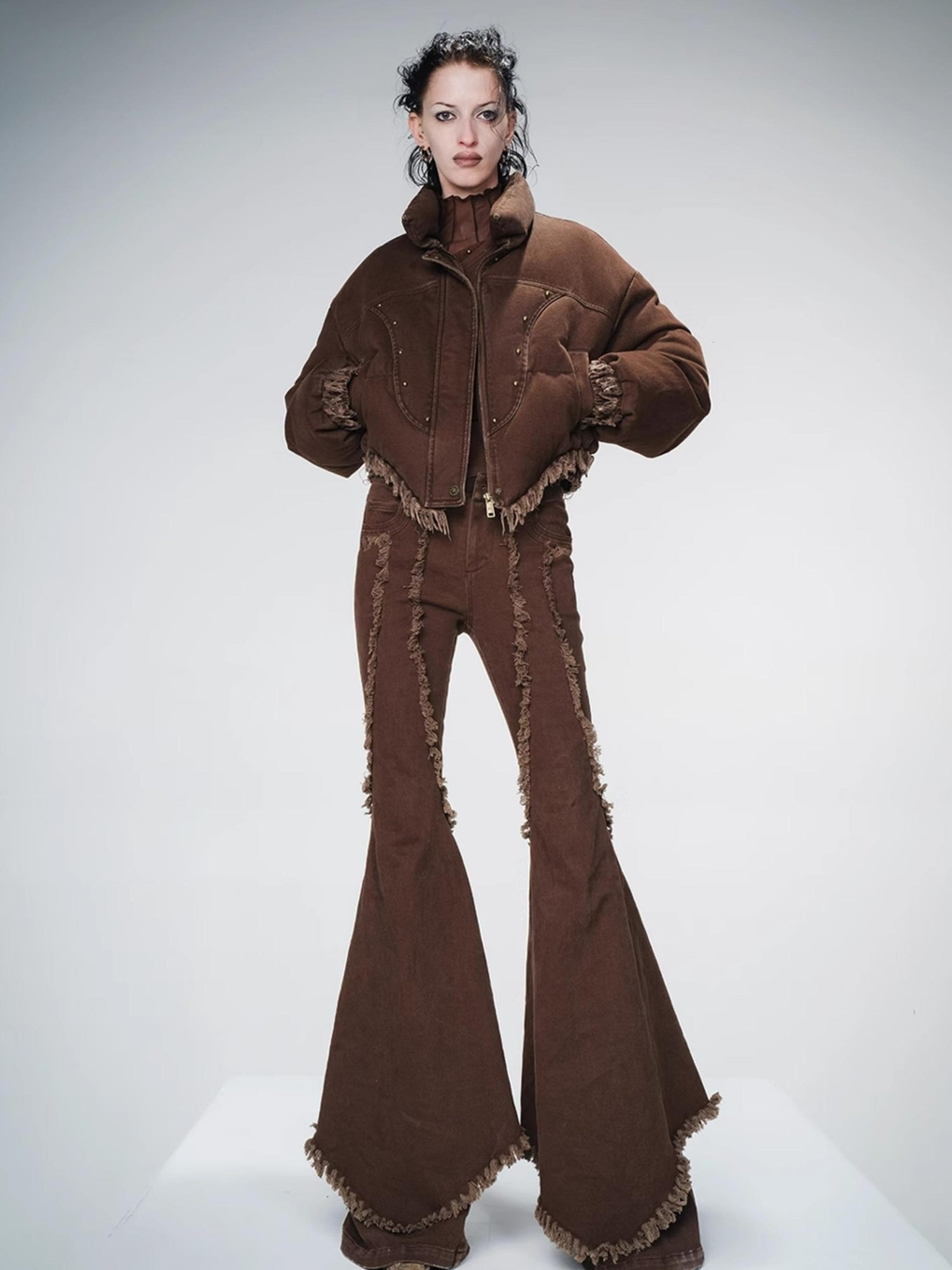 UpdateNN NORTH NODE Washed Denim Quilted Down Jacket With Fur Trim And Studs