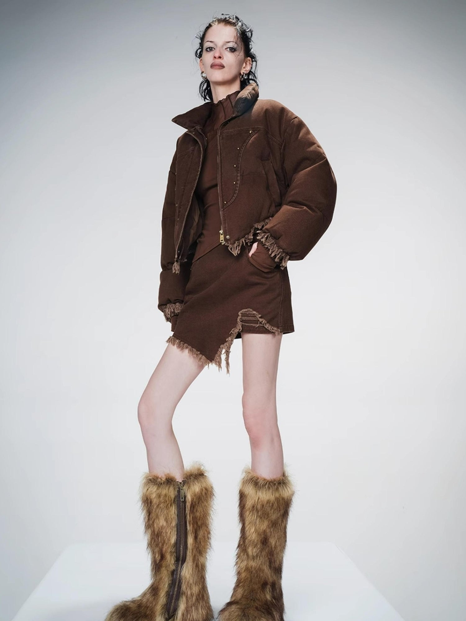 UpdateNN NORTH NODE Washed Denim Quilted Down Jacket With Fur Trim And Studs