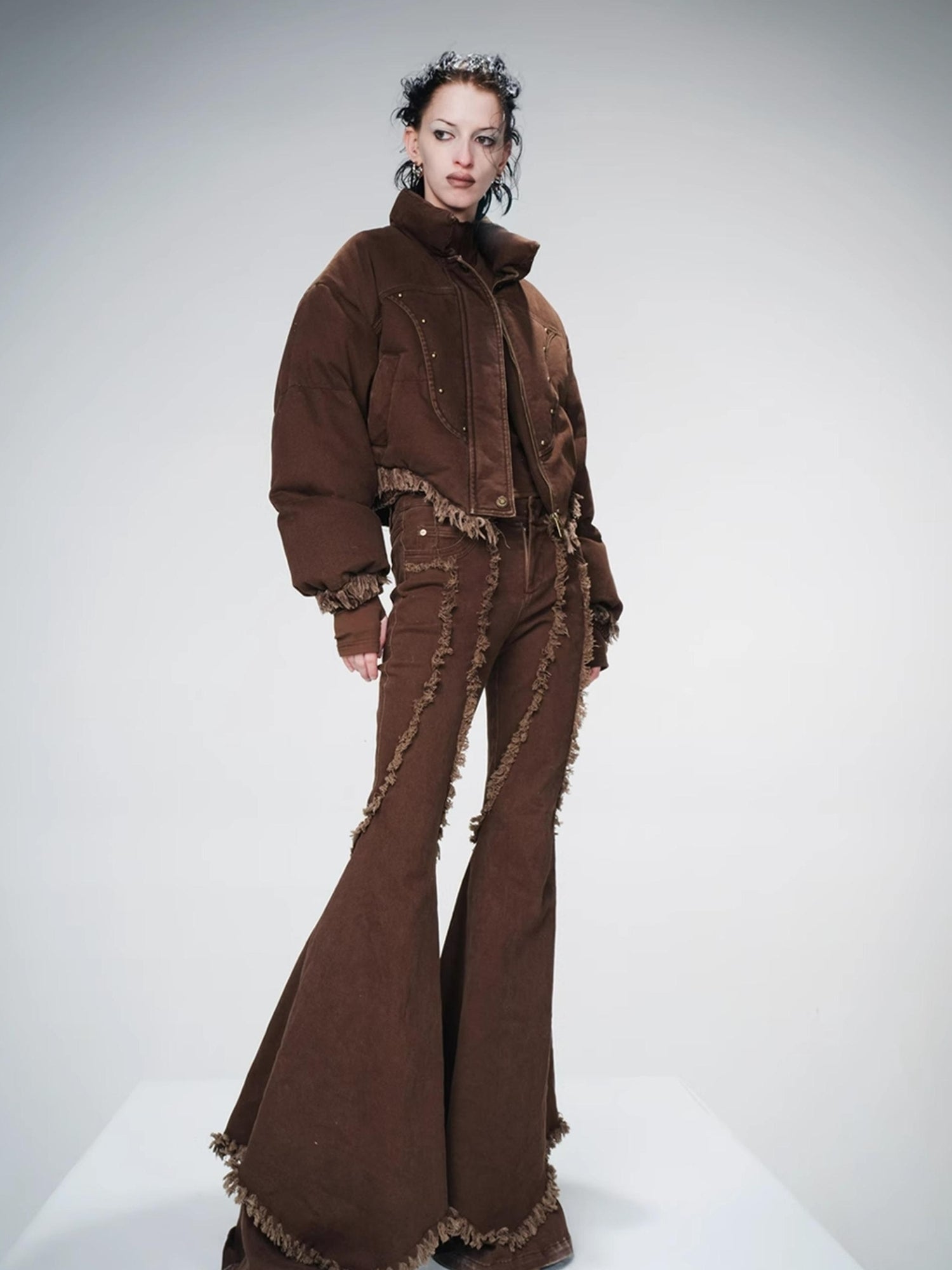 UpdateNN NORTH NODE Washed Denim Quilted Down Jacket With Fur Trim And Studs