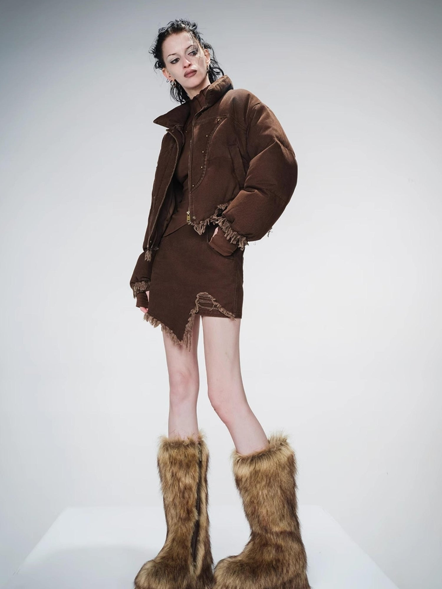 UpdateNN NORTH NODE Washed Denim Quilted Down Jacket With Fur Trim And Studs