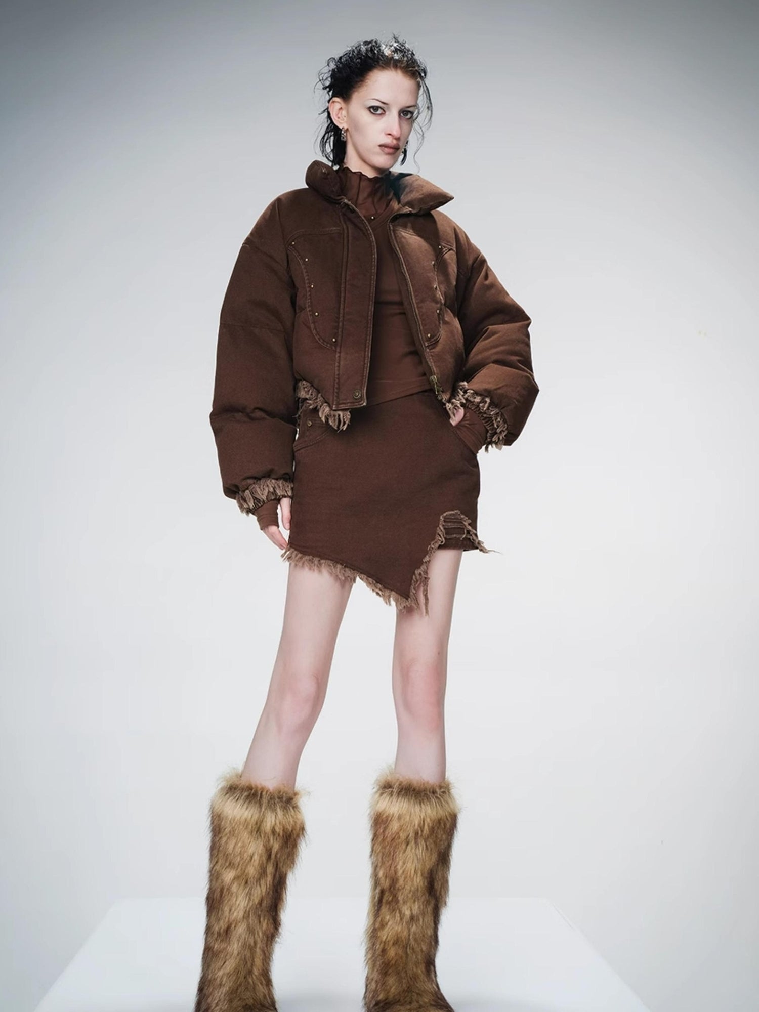 UpdateNN NORTH NODE Washed Denim Quilted Down Jacket With Fur Trim And Studs