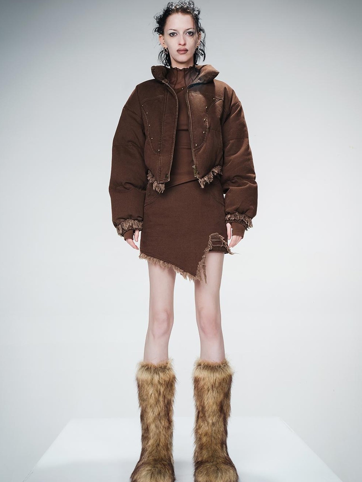 UpdateNN NORTH NODE Washed Denim Quilted Down Jacket With Fur Trim And Studs