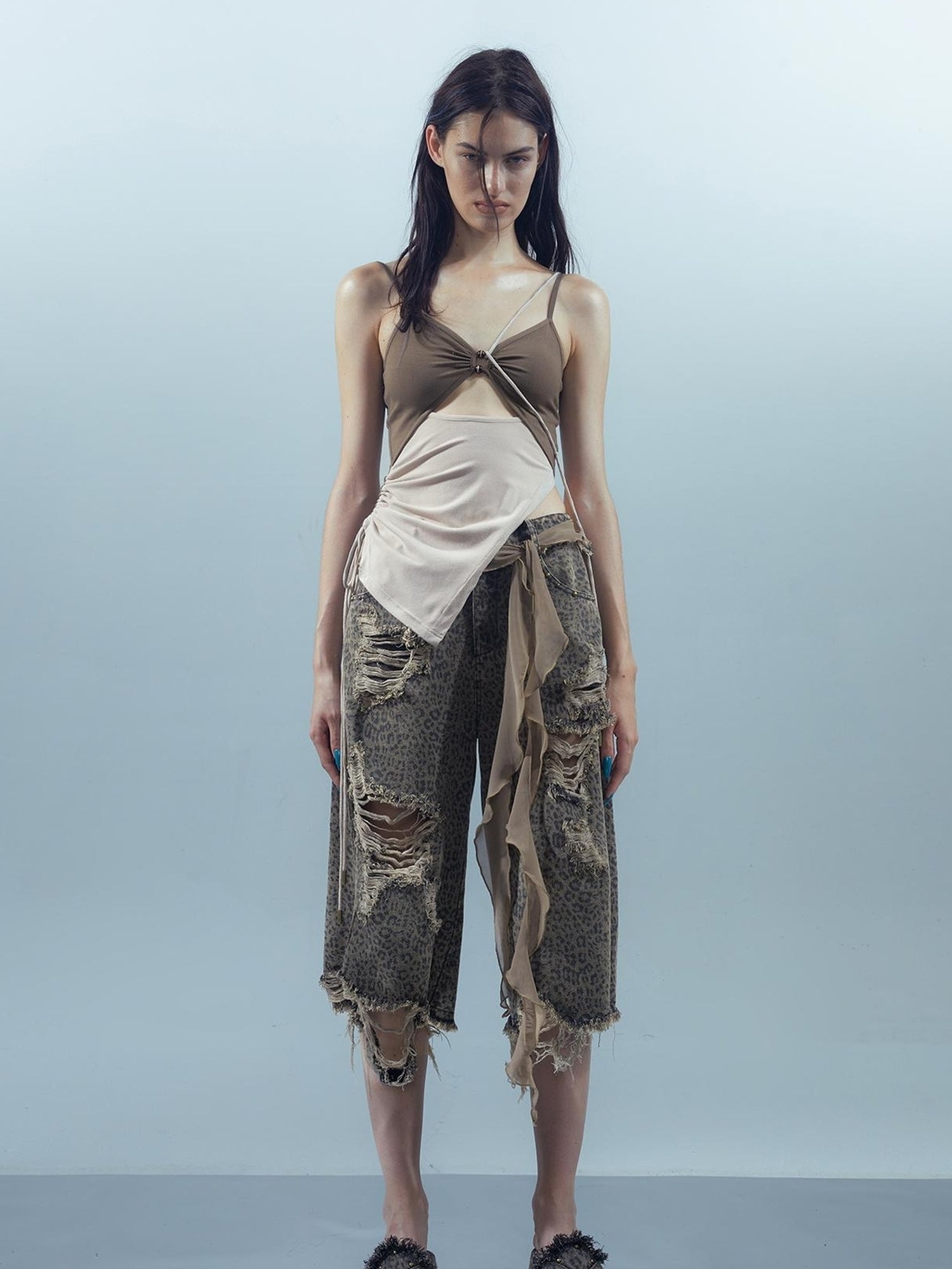 UpdateNN NORTH NODE Washed Distressed Leopard Print Cargo Shorts With Belt