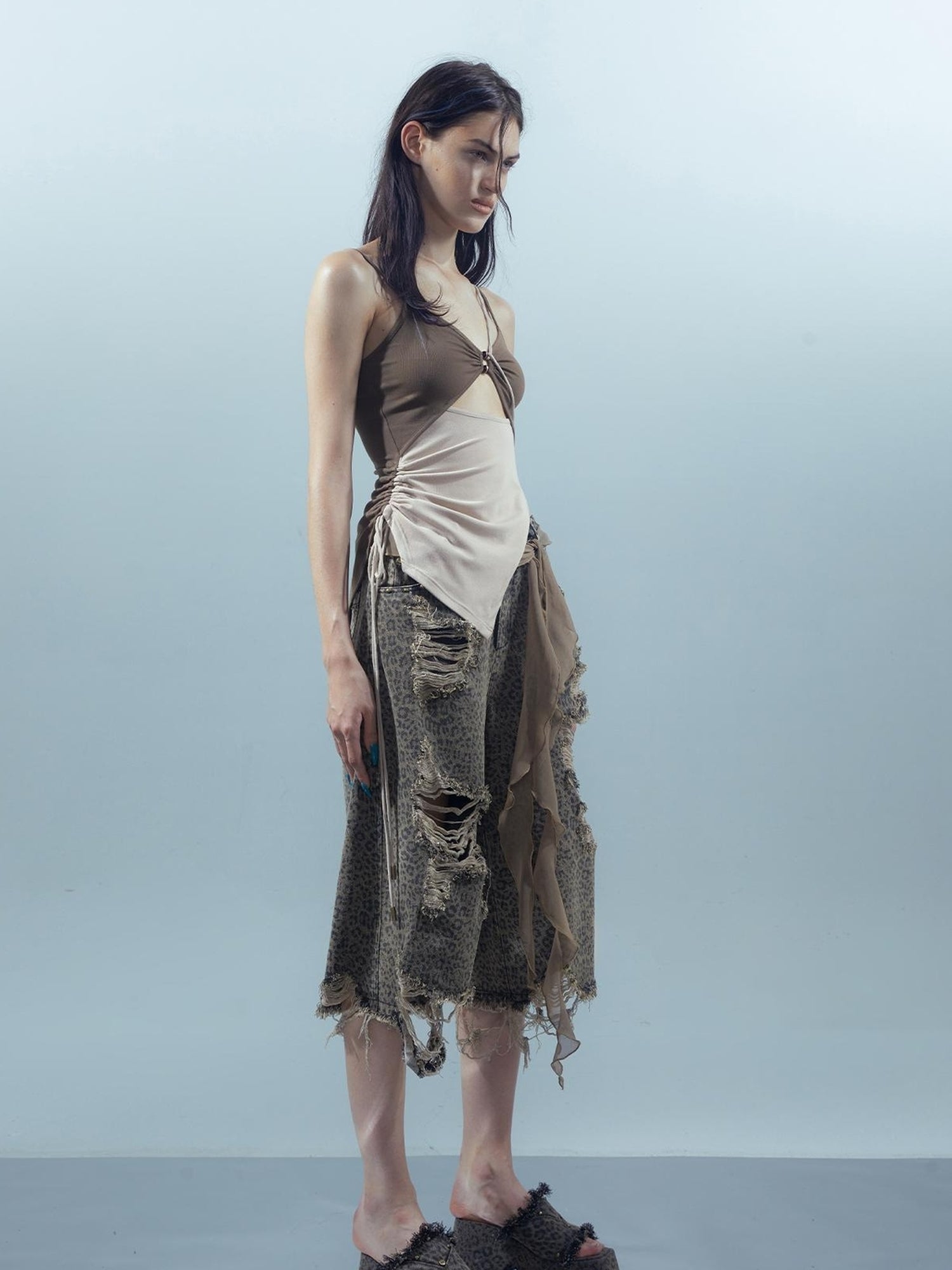 UpdateNN NORTH NODE Washed Distressed Leopard Print Cargo Shorts With Belt