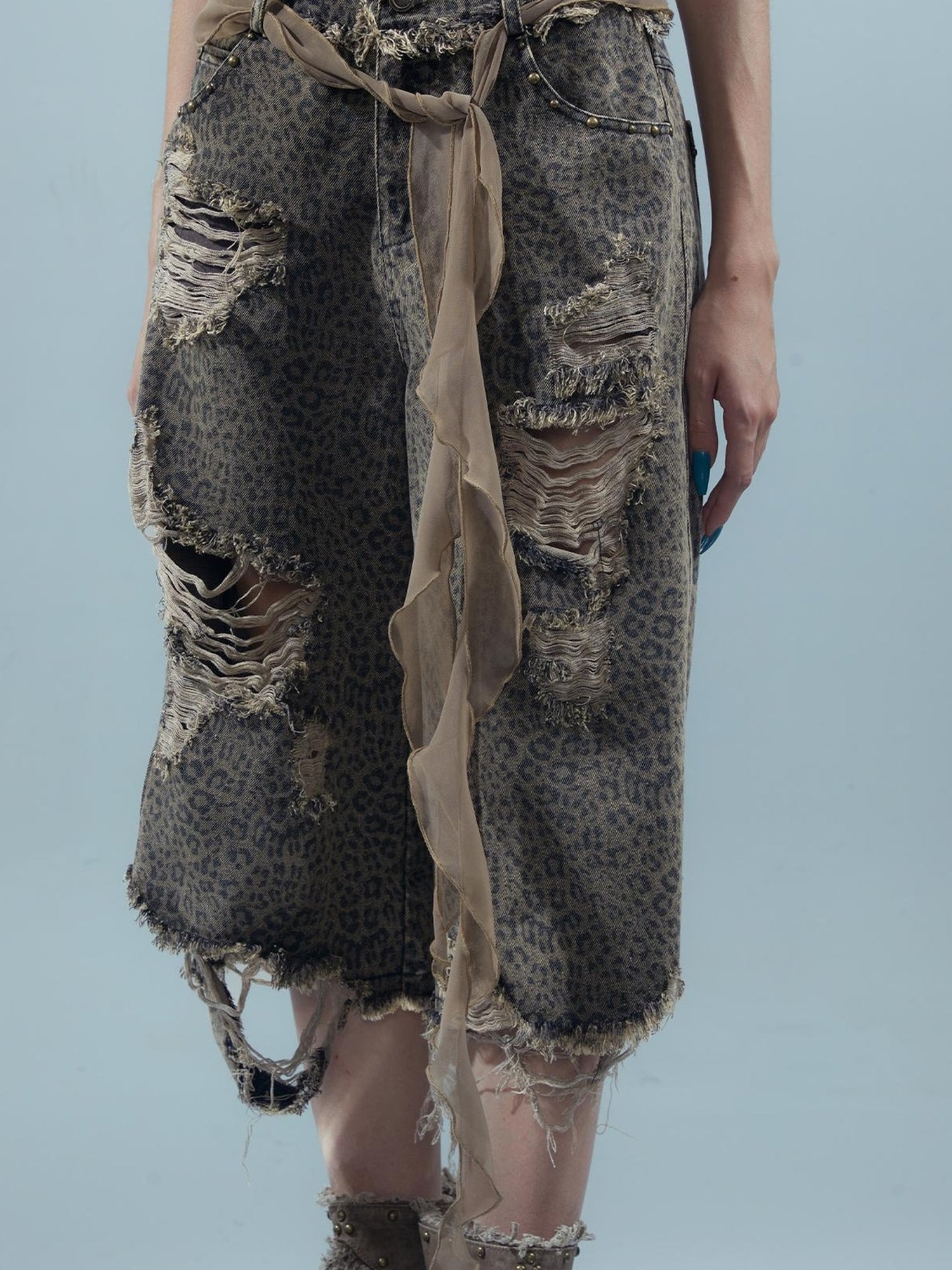 UpdateNN NORTH NODE Washed Distressed Leopard Print Cargo Shorts With Belt