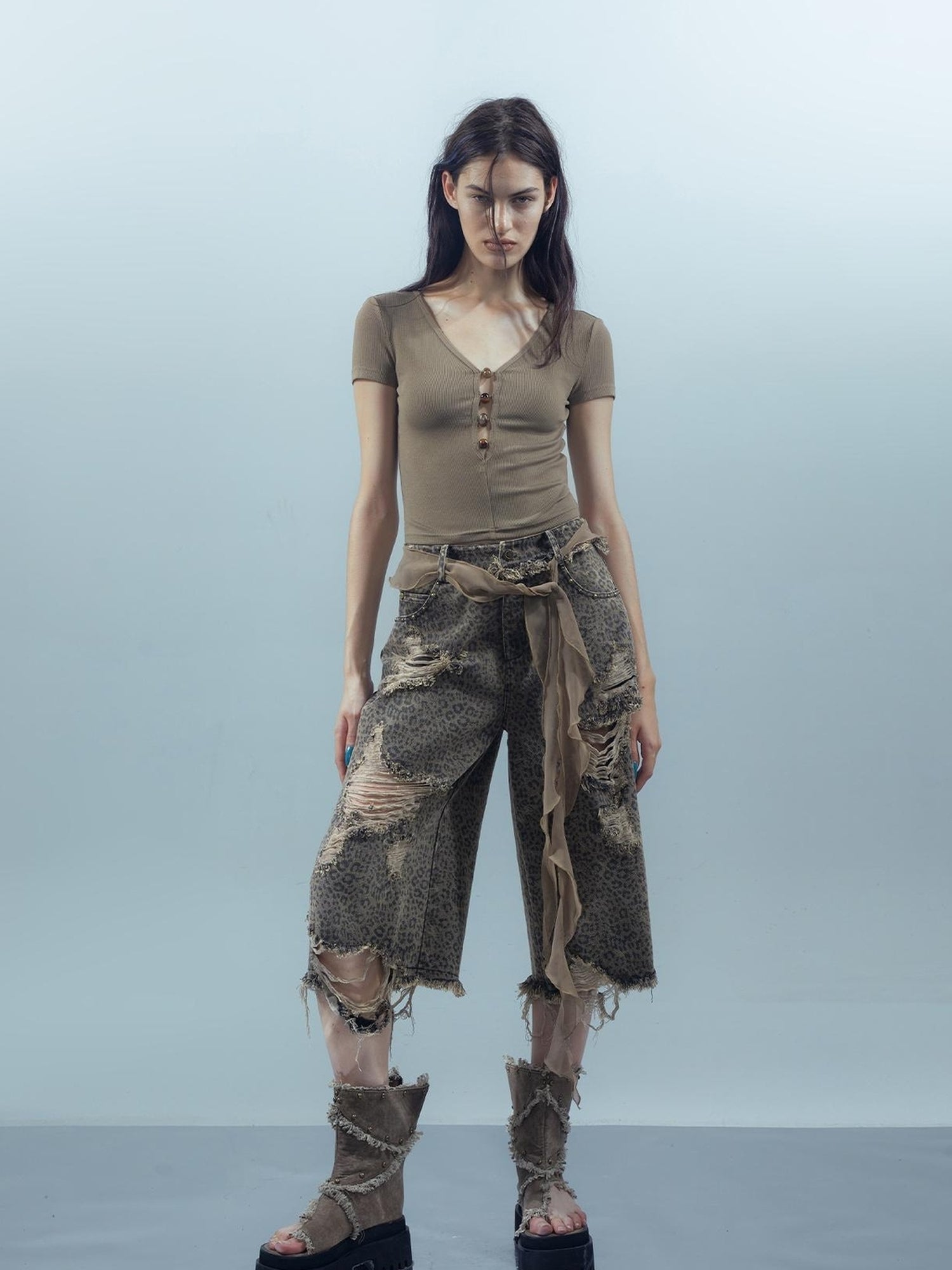 UpdateNN NORTH NODE Washed Distressed Leopard Print Cargo Shorts With Belt