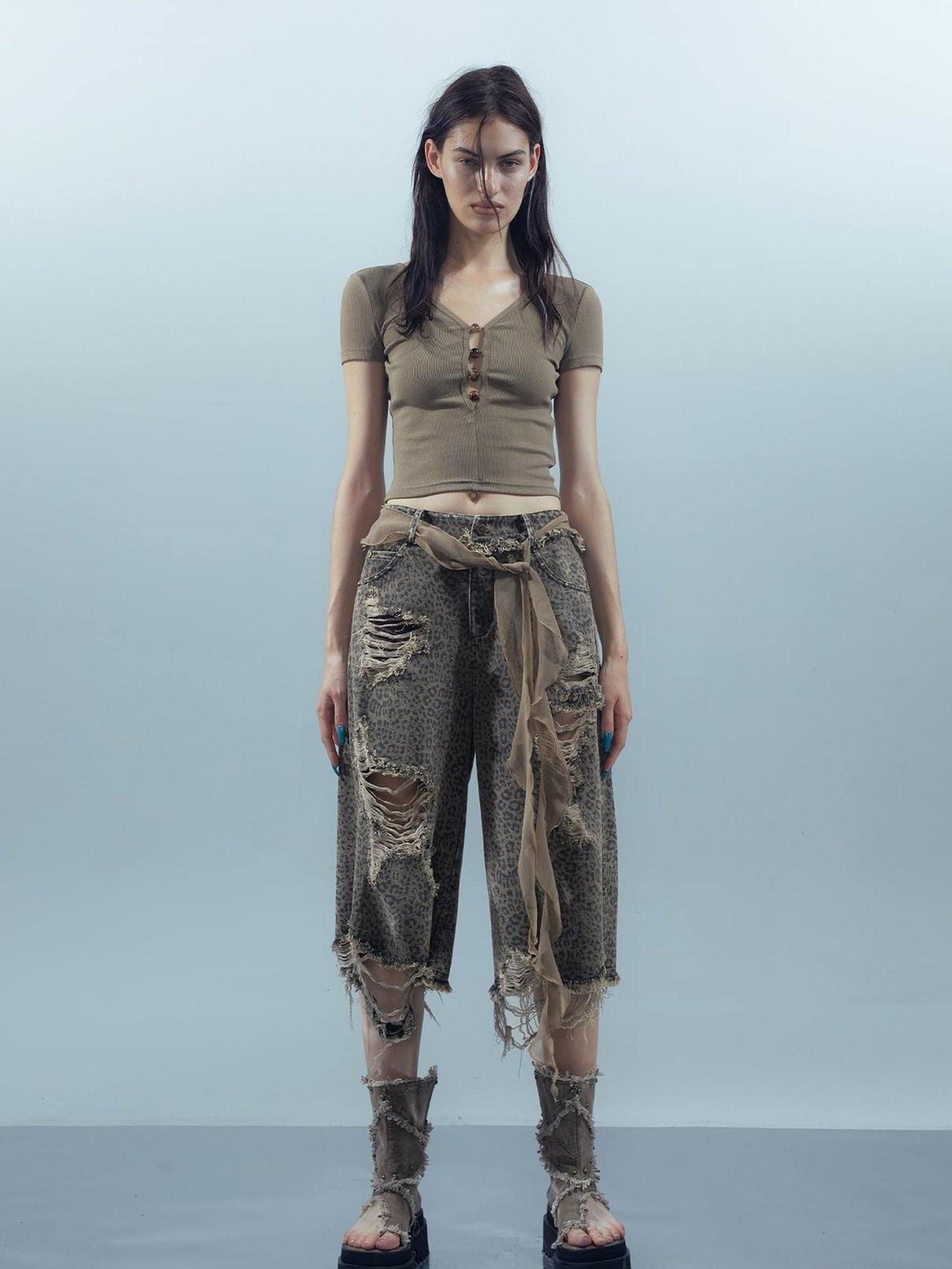 UpdateNN NORTH NODE Washed Distressed Leopard Print Cargo Shorts With Belt