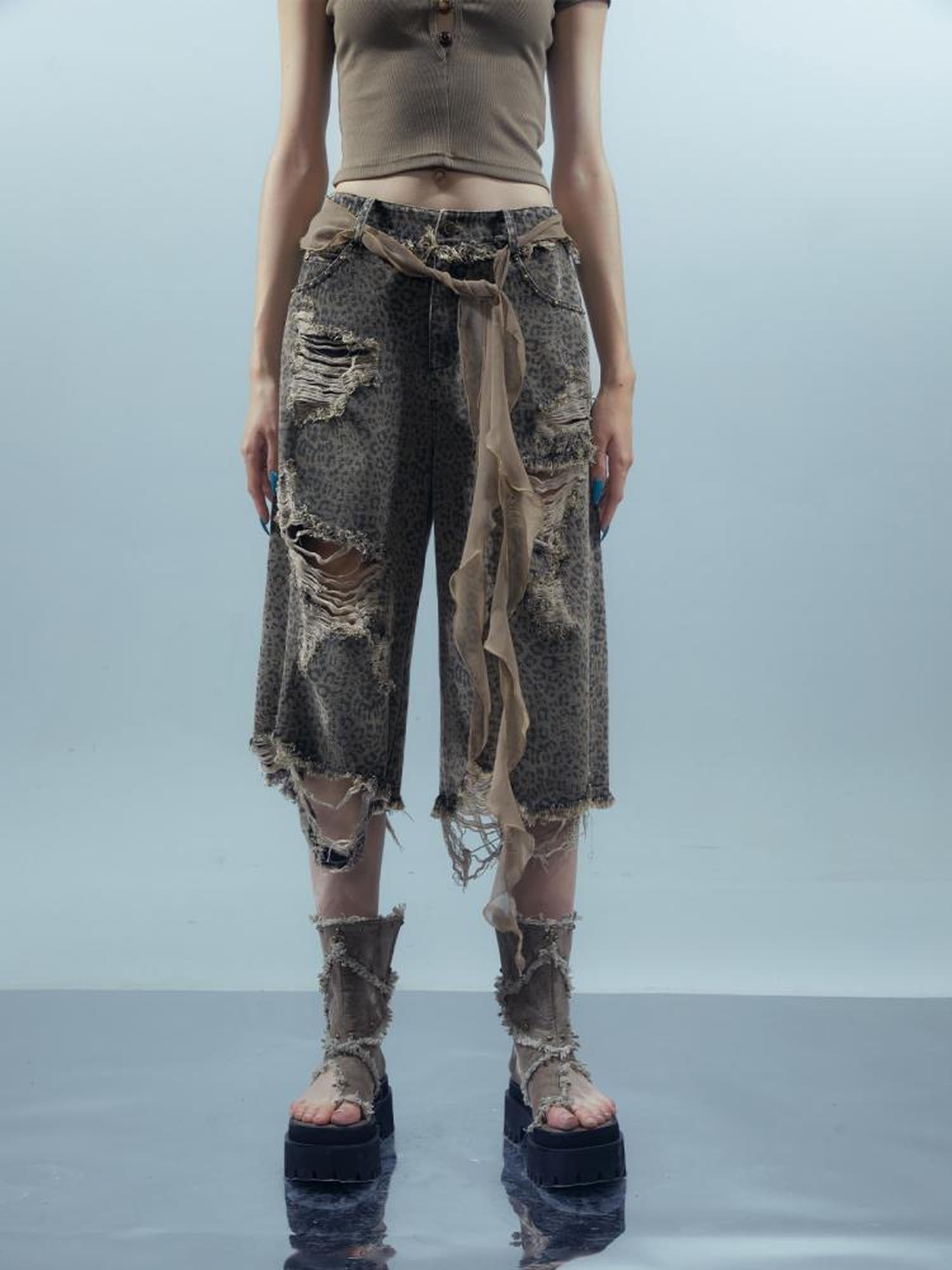 UpdateNN NORTH NODE Washed Distressed Leopard Print Cargo Shorts With Belt