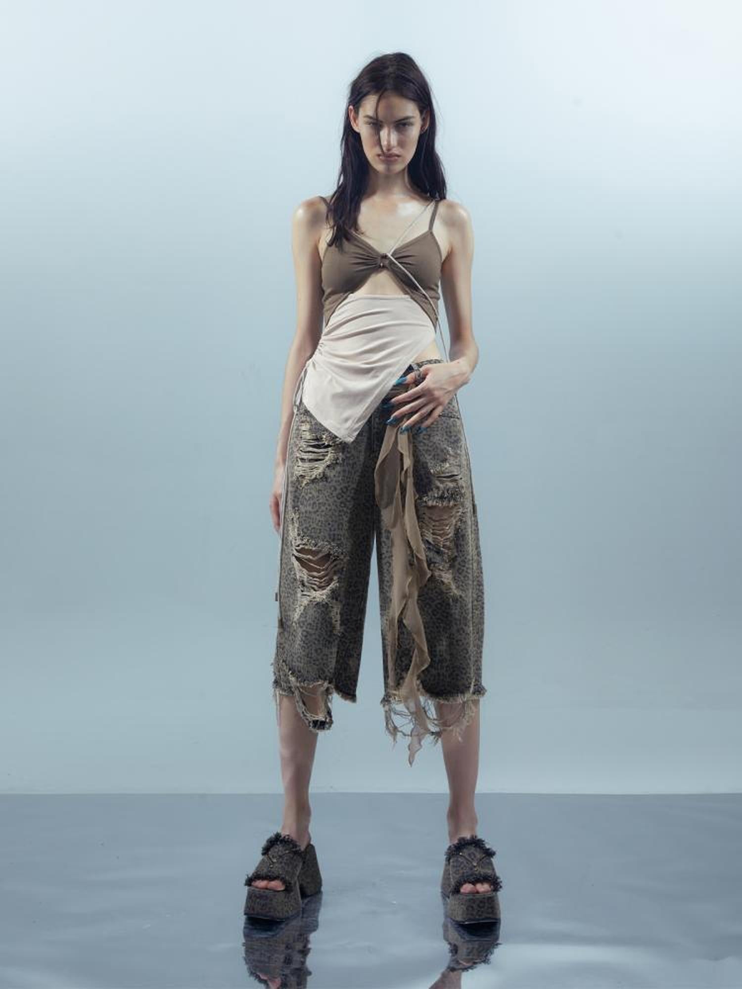 UpdateNN NORTH NODE Washed Distressed Leopard Print Cargo Shorts With Belt