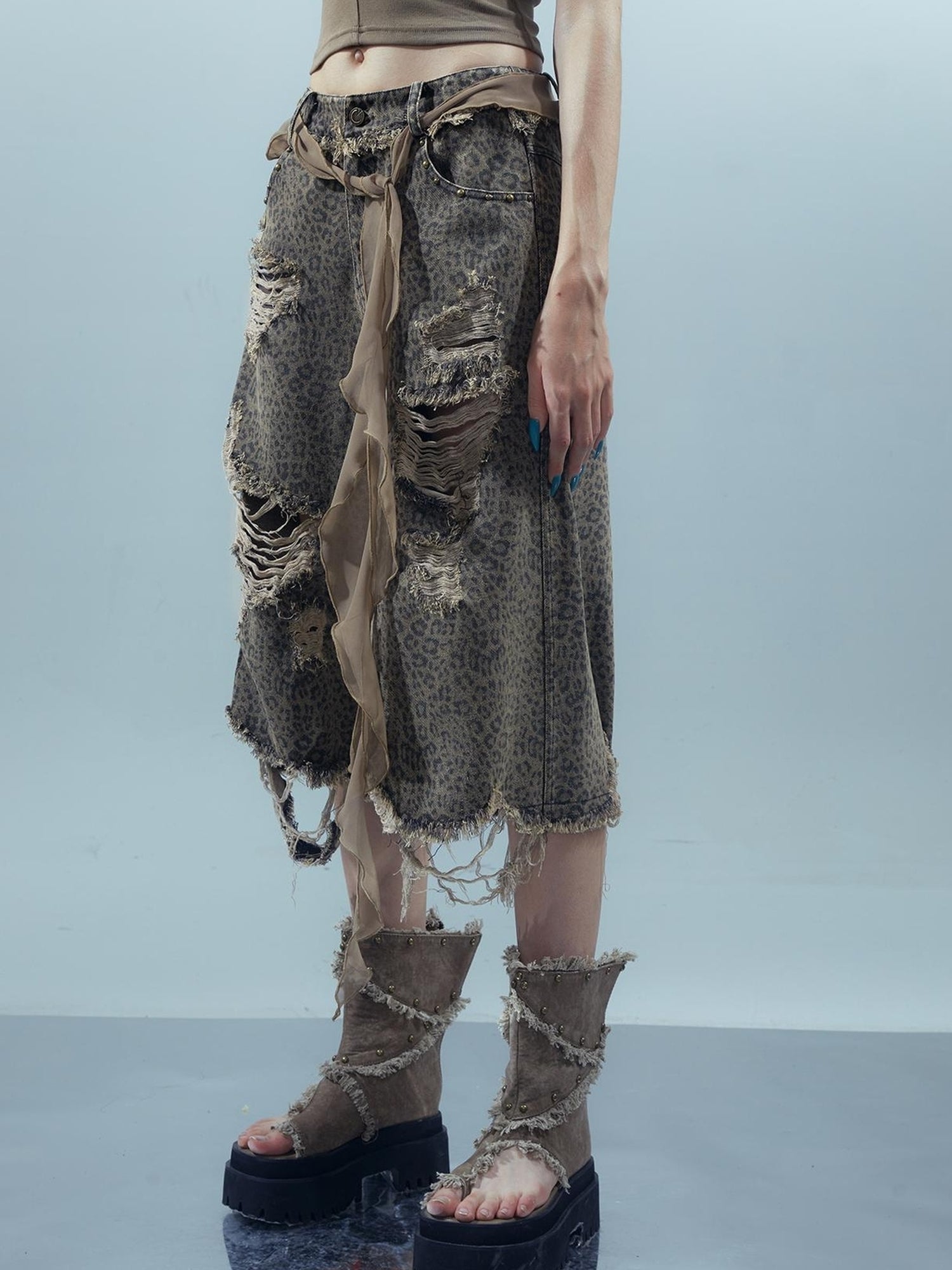 UpdateNN NORTH NODE Washed Distressed Leopard Print Cargo Shorts With Belt