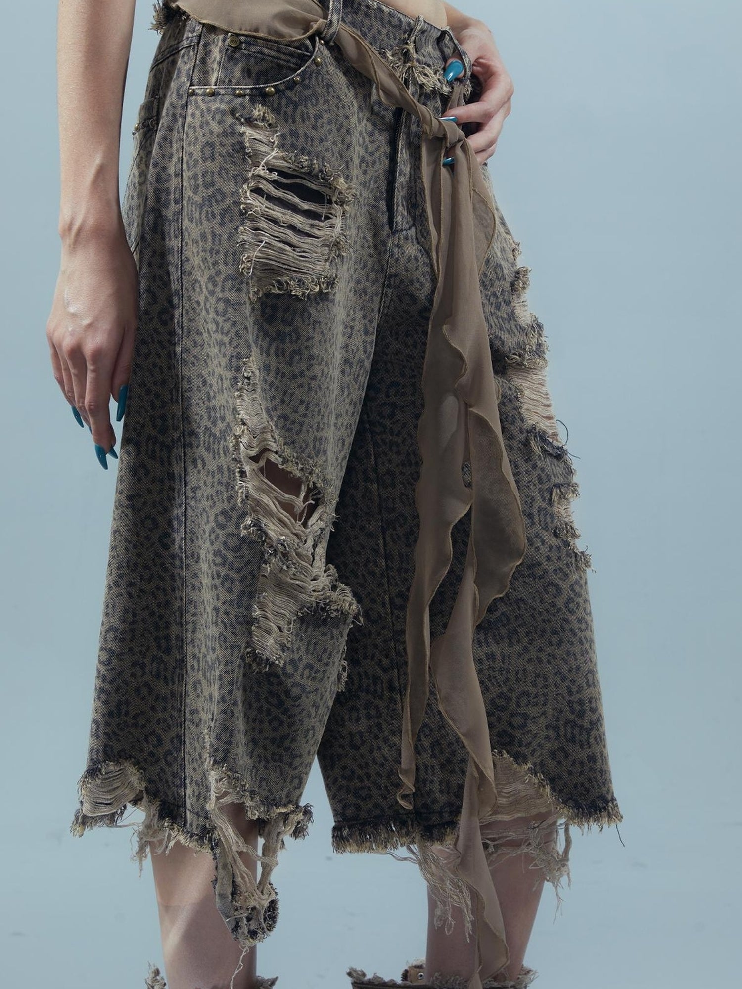 UpdateNN NORTH NODE Washed Distressed Leopard Print Cargo Shorts With Belt