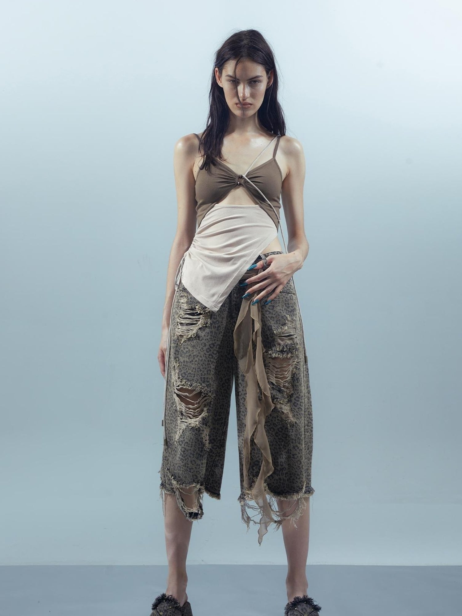 UpdateNN NORTH NODE Washed Distressed Leopard Print Cargo Shorts With Belt