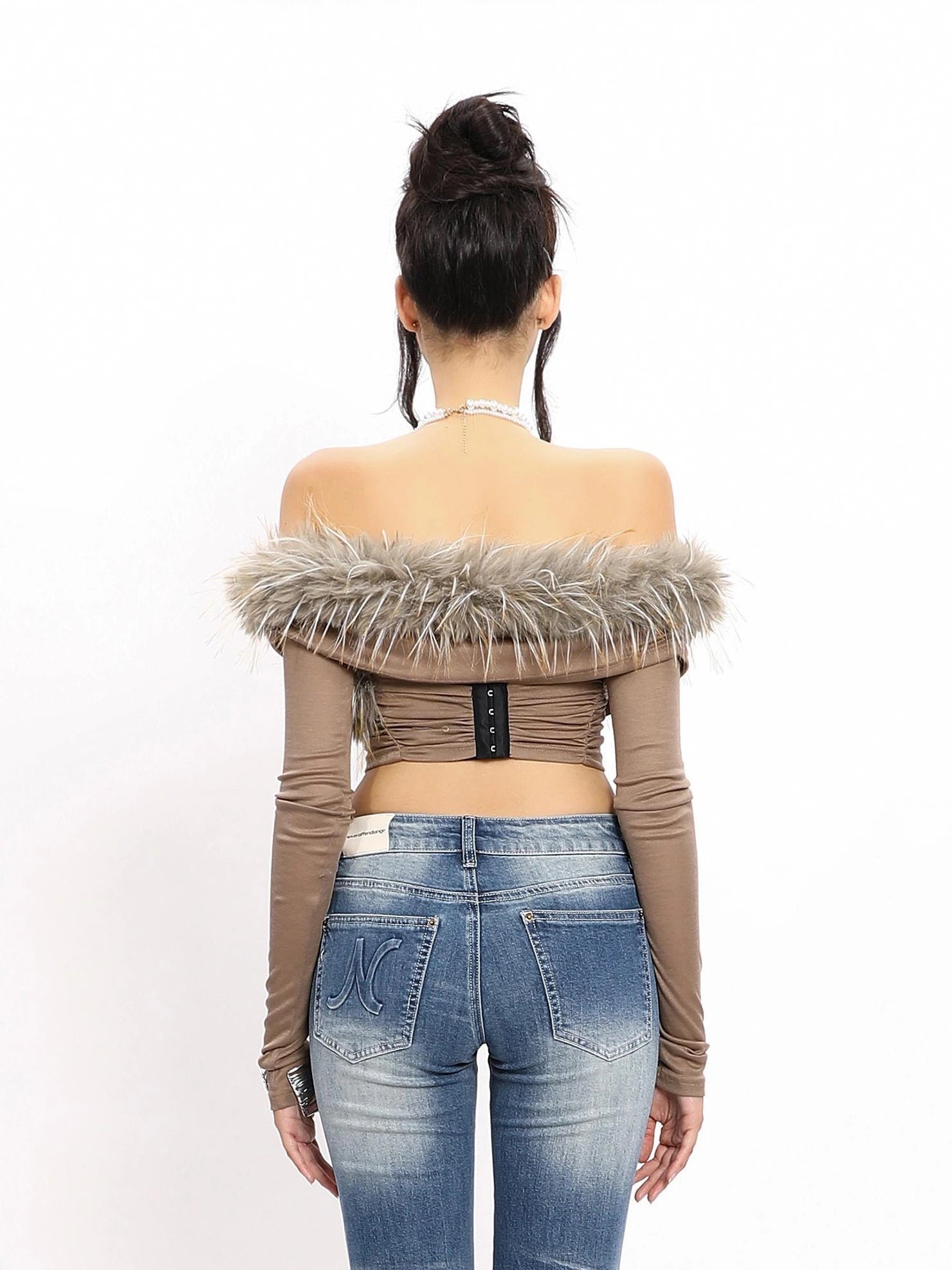 Velvet Siren Fur Trimmed Cross Shoulder Top