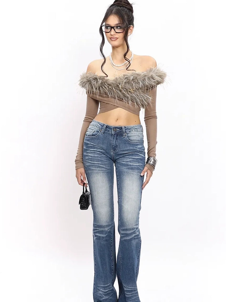 Velvet Siren Fur Trimmed Cross Shoulder Top