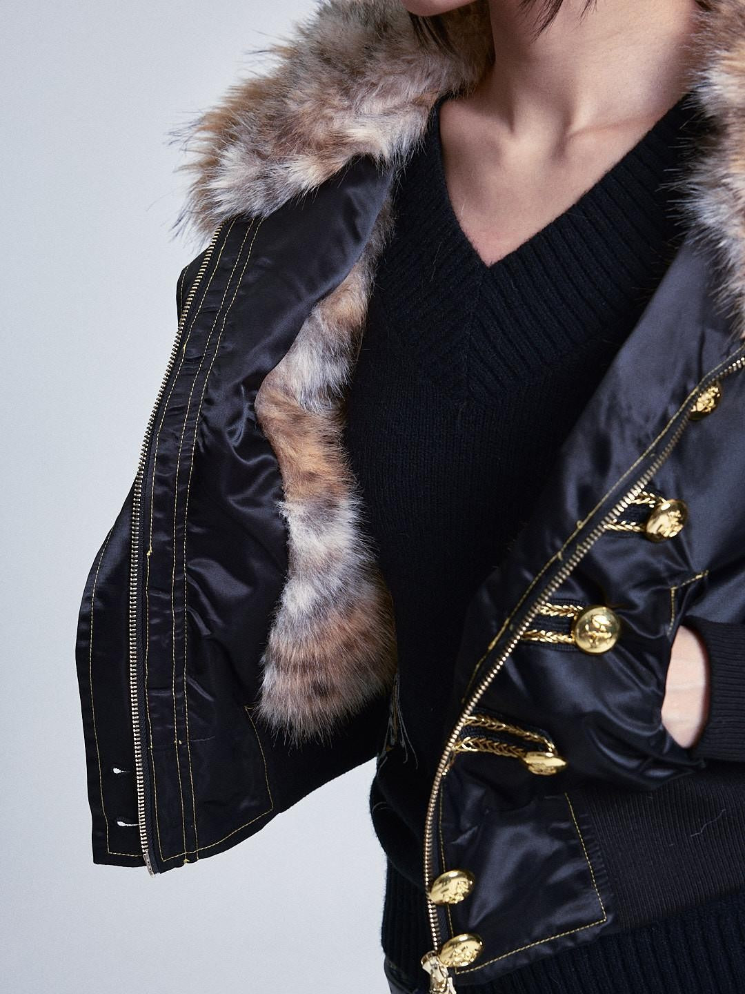 NONAME SPACE Black Fur Collar Hooded Regal Cropped Slim Women&