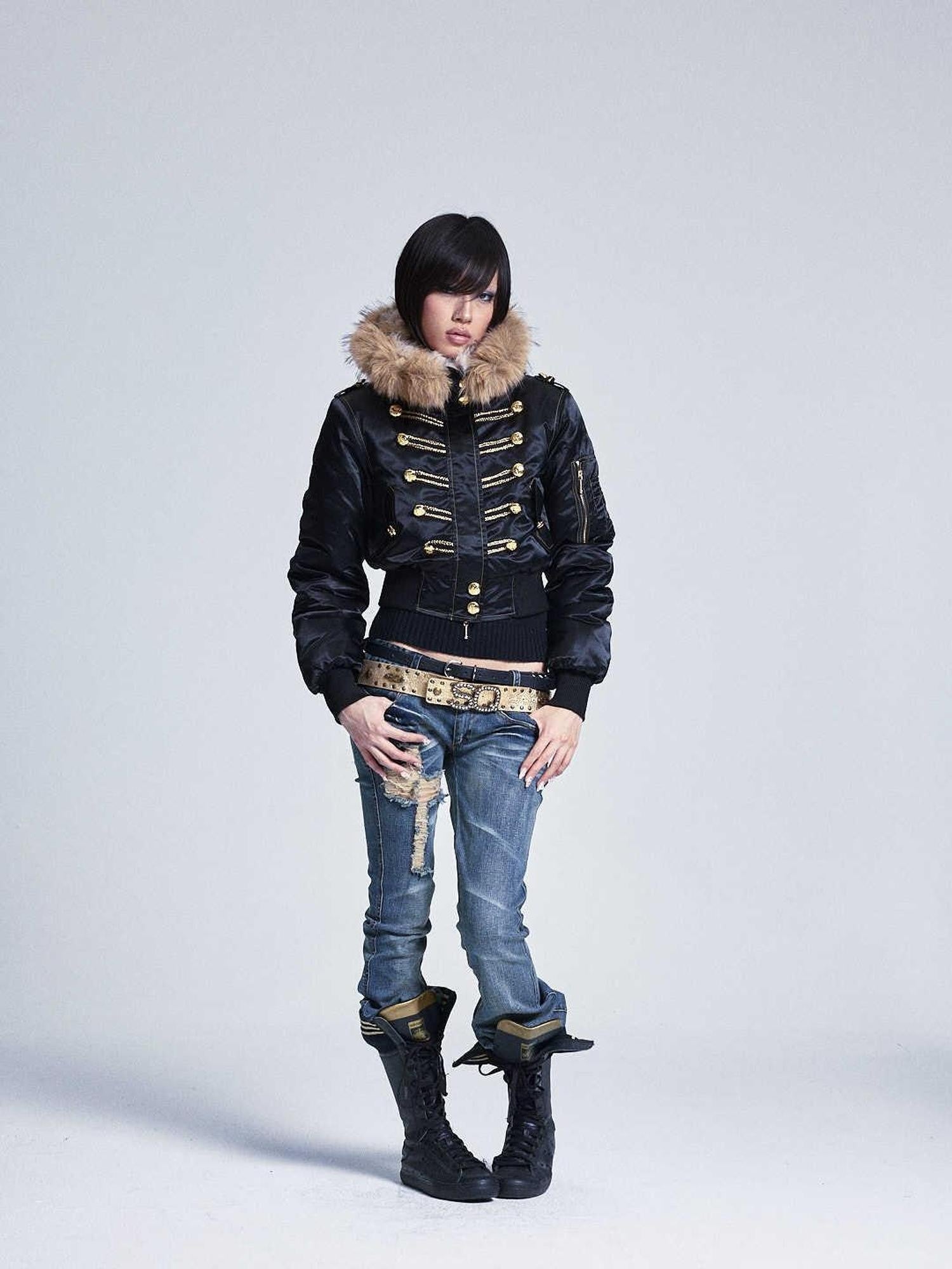 NONAME SPACE Black Fur Collar Hooded Regal Cropped Slim Women&